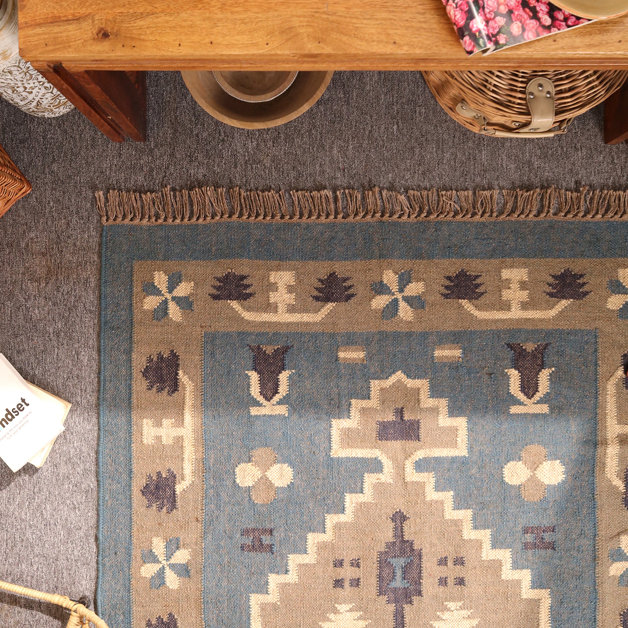 Handmade Blue Kilim Area Rug Wool Flatweave Tribal Geometric Carpet for Living Room