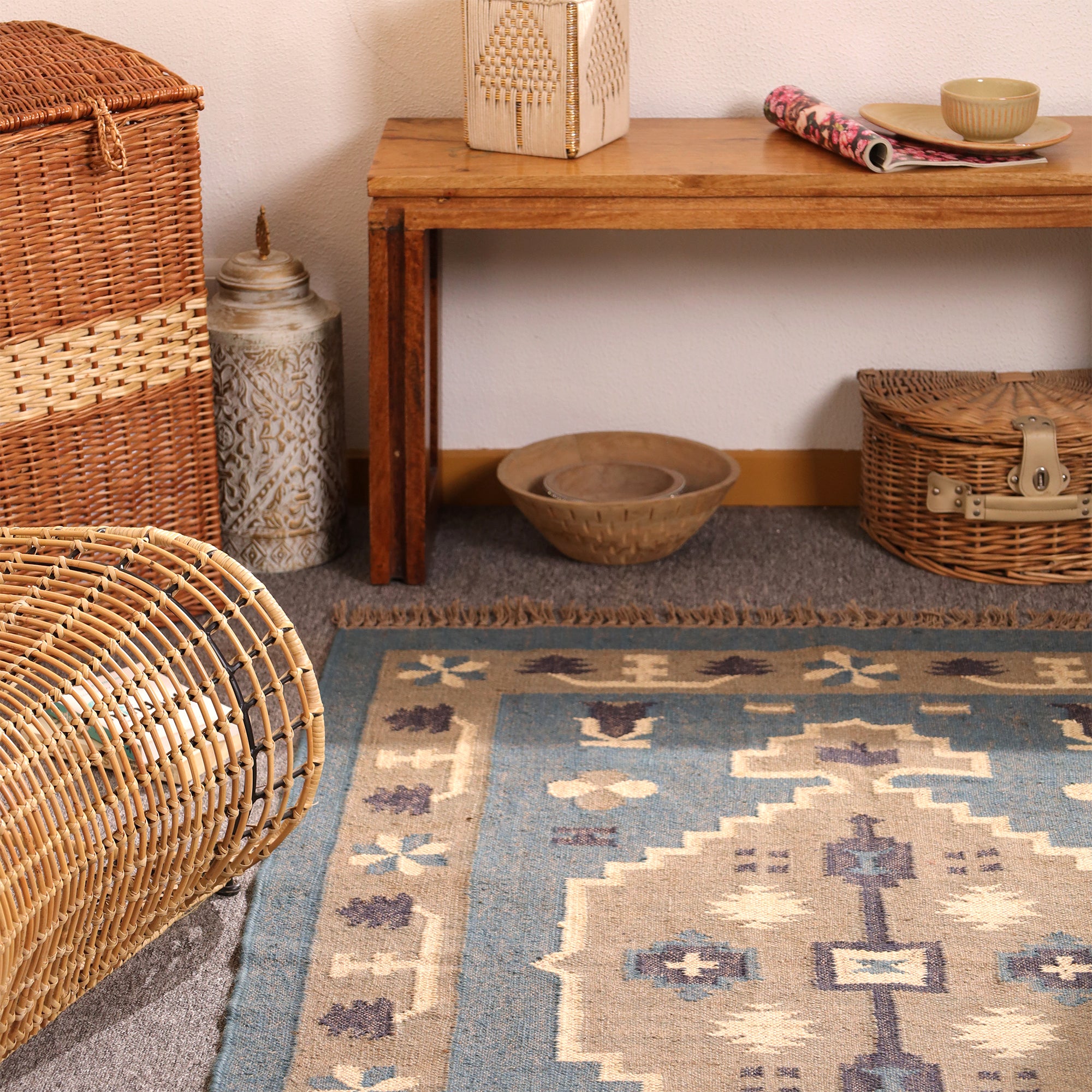 Handmade Blue Kilim Area Rug Wool Flatweave Tribal Geometric Carpet for Living Room