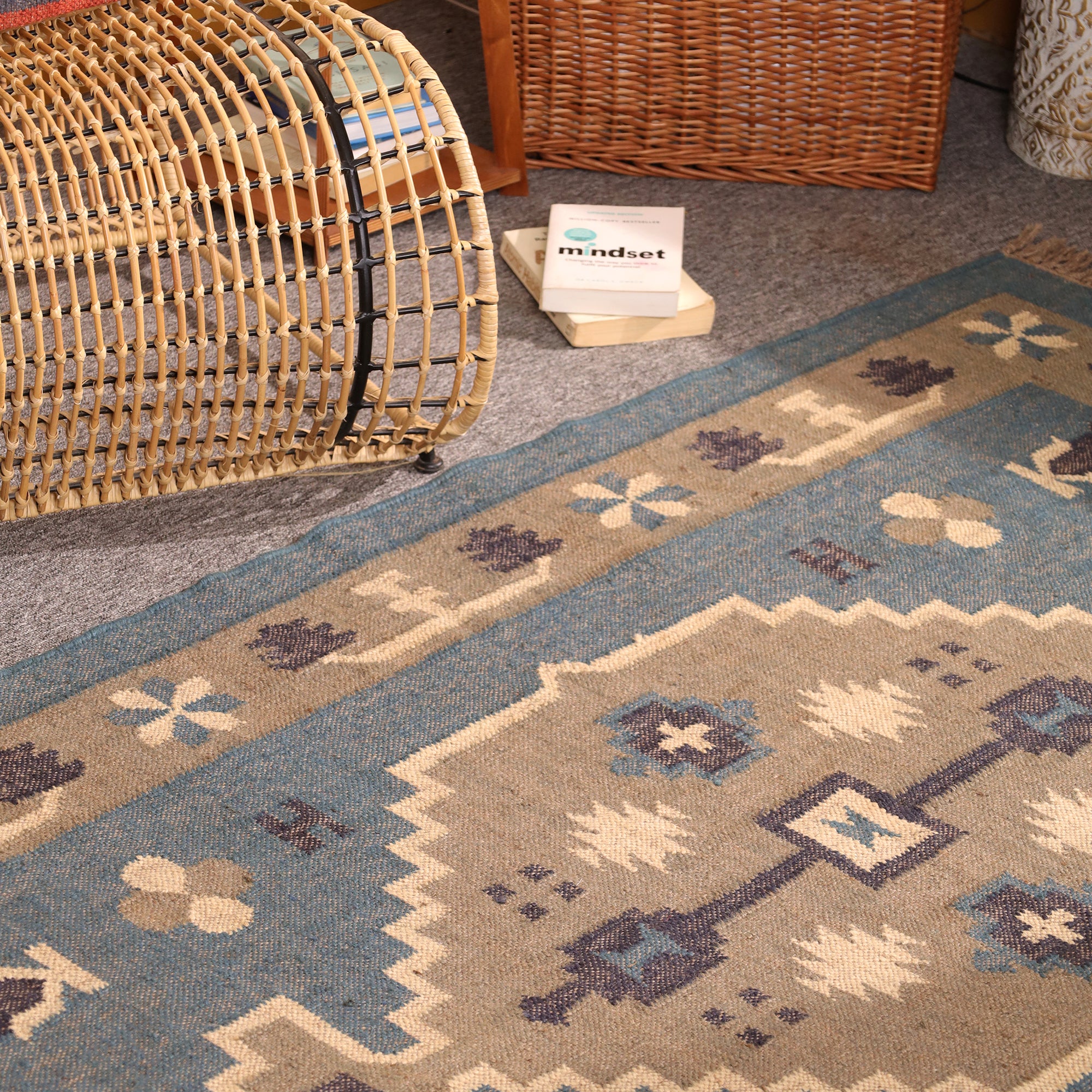 Handmade Blue Kilim Area Rug Wool Flatweave Tribal Geometric Carpet for Living Room