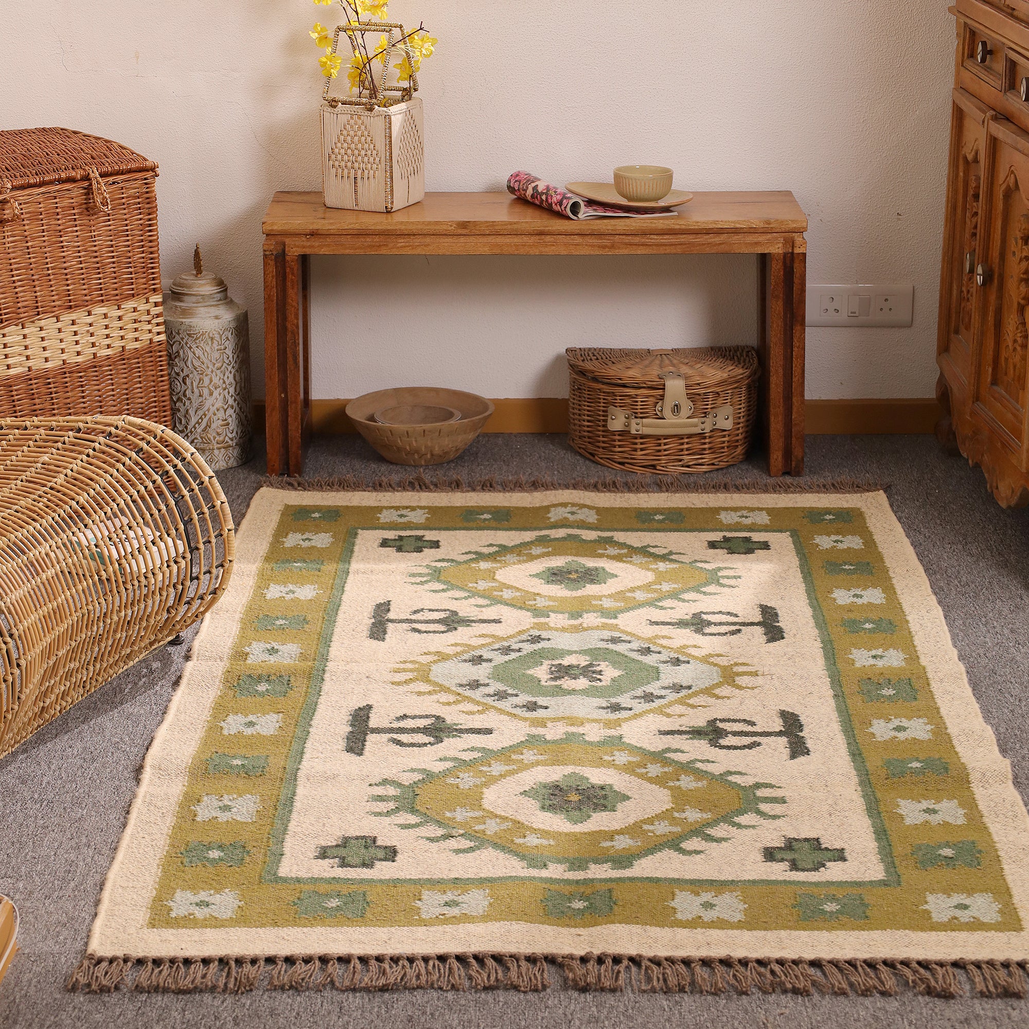 Handmade green Kilim wool rug with tribal geometric design for living room