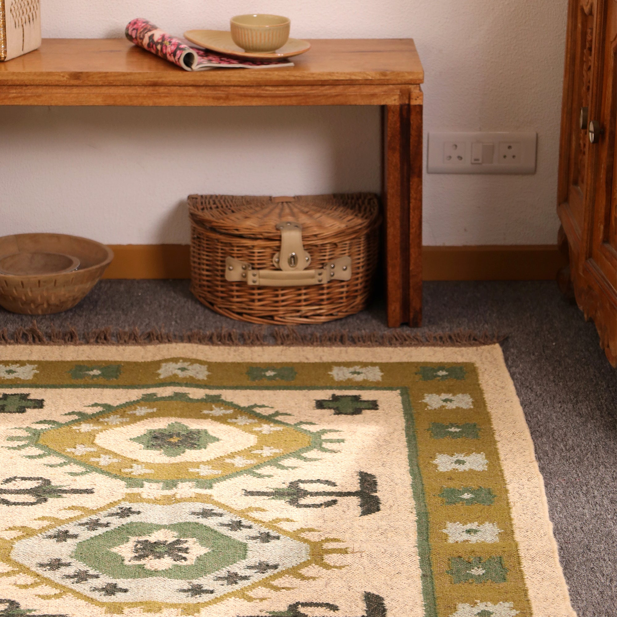 Handwoven Green Kilim Rug Boho Tribal Wool Area Rug
