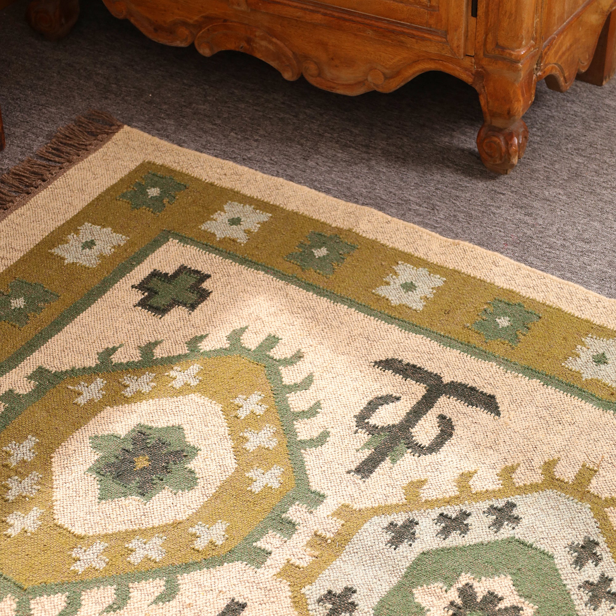 Handwoven Green Kilim Rug Boho Tribal Wool Area Rug