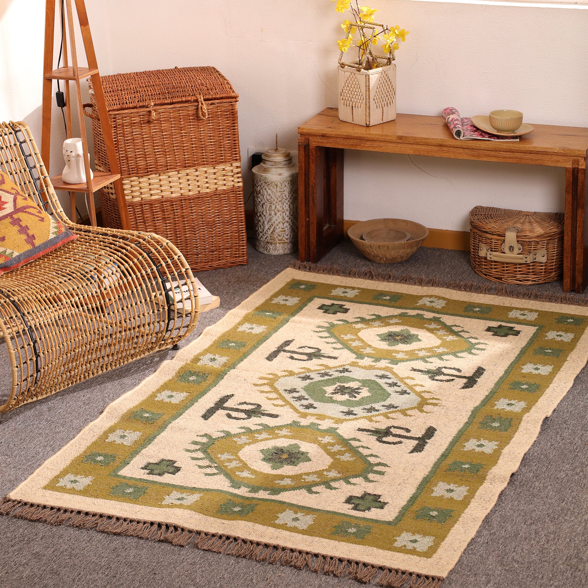 Handwoven Green Kilim Rug Boho Tribal Wool Area Rug