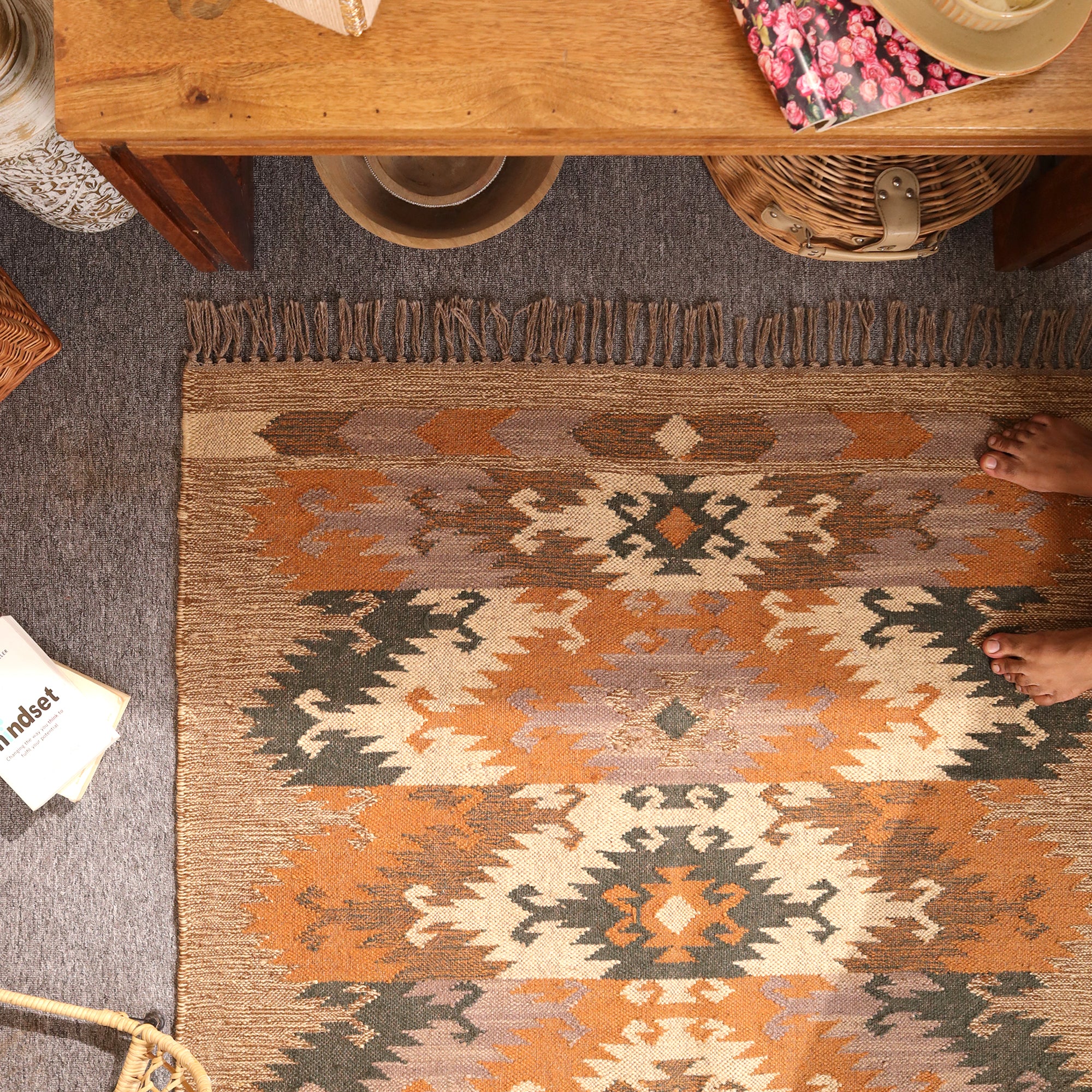 Handwoven Jute Kilim Rug Boho Tribal Area Rug Handmade