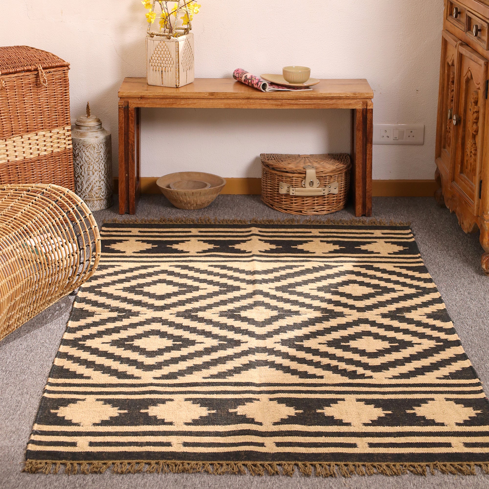 Handwoven Black & Natural Kilim Rug - Handmade Geometric Wool Area Rug
