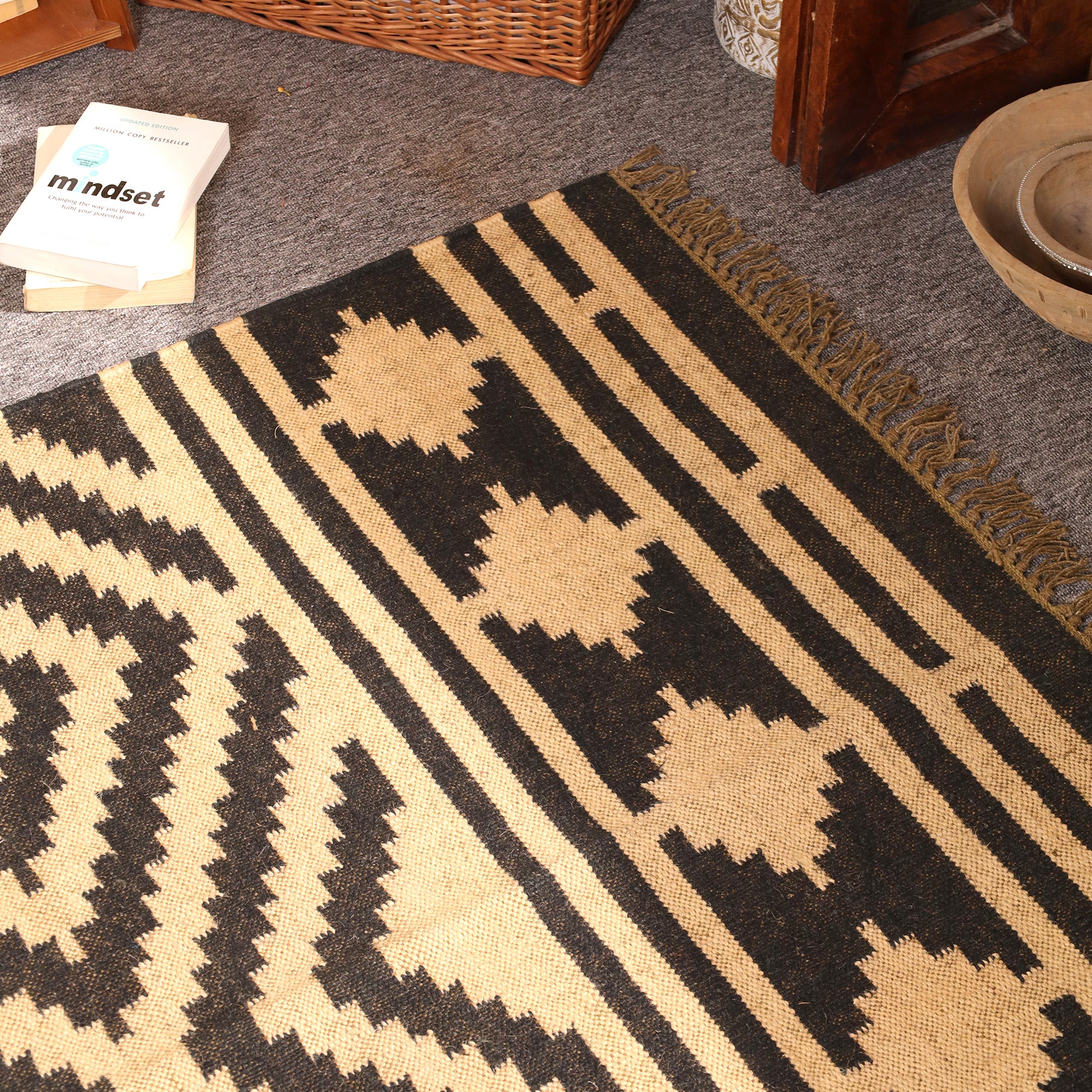 Handwoven Black & Natural Kilim Rug - Handmade Geometric Wool Area Rug