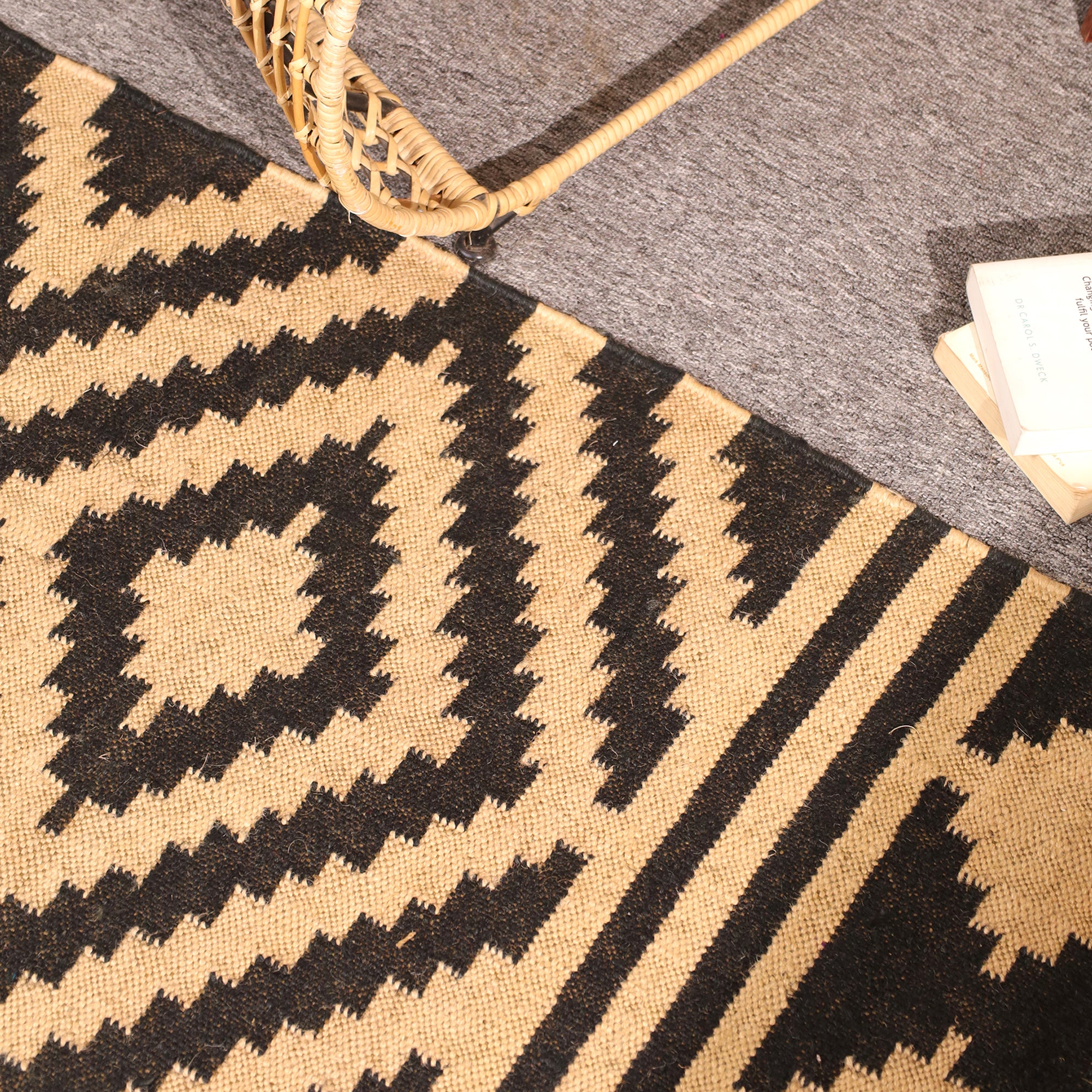 Handwoven Black & Natural Kilim Rug - Handmade Geometric Wool Area Rug