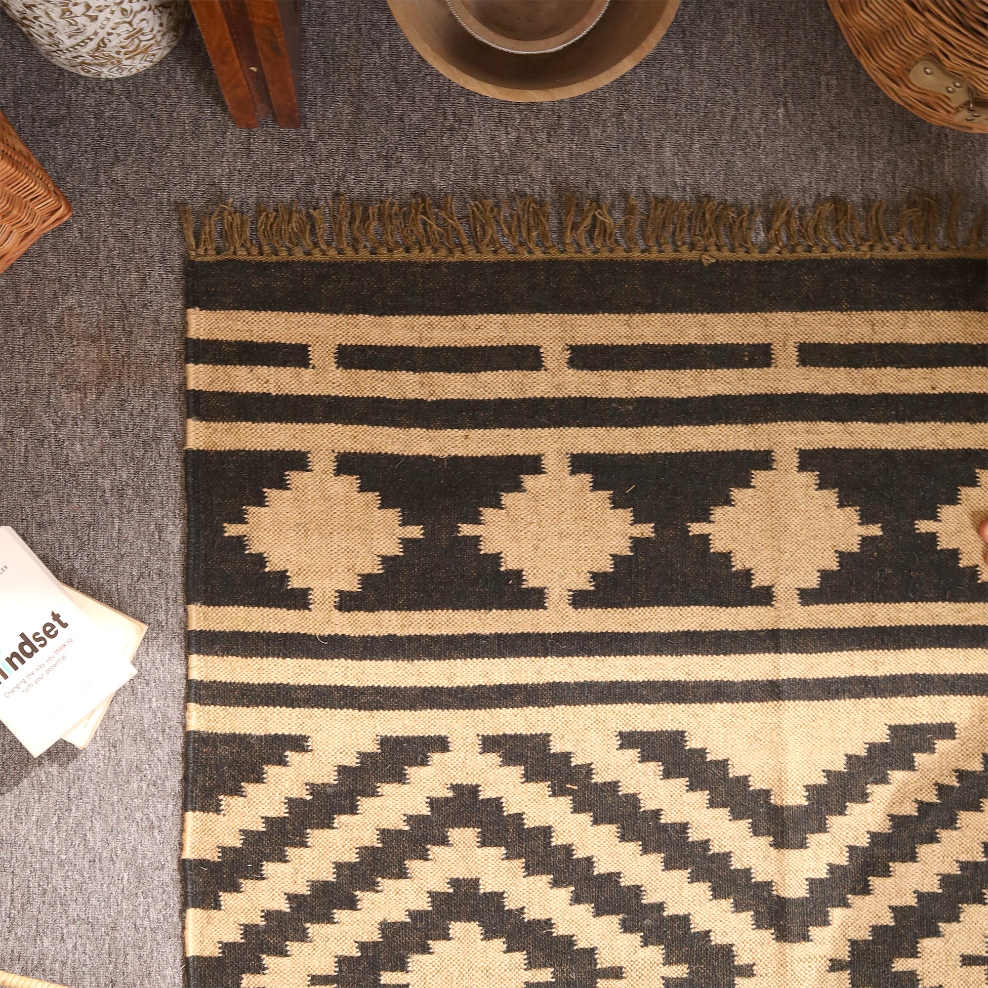 Handwoven Black & Natural Kilim Rug - Handmade Geometric Wool Area Rug