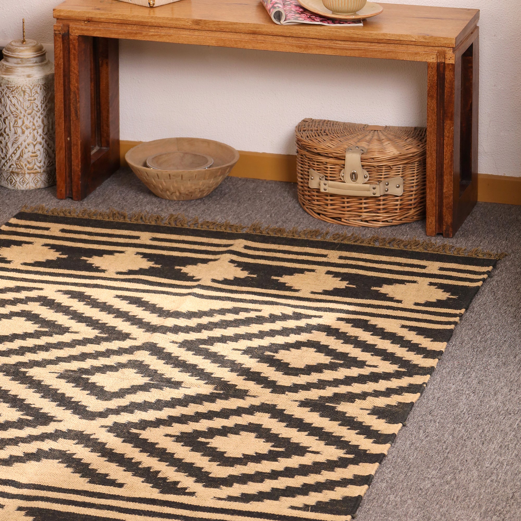 Handwoven Black & Natural Kilim Rug - Handmade Geometric Wool Area Rug