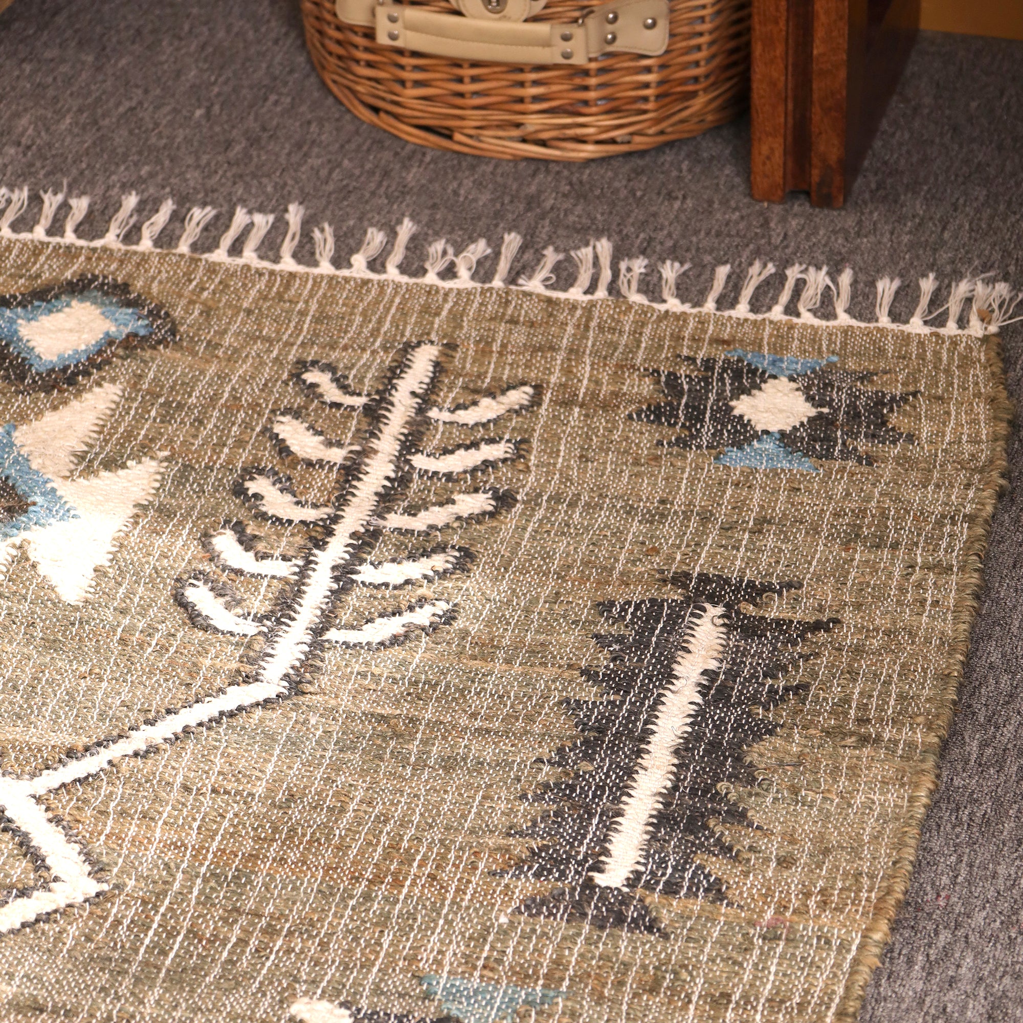Handwoven Boho Kilim Area Rug - Beige Blue Geometric Cotton Flatweave Rug
