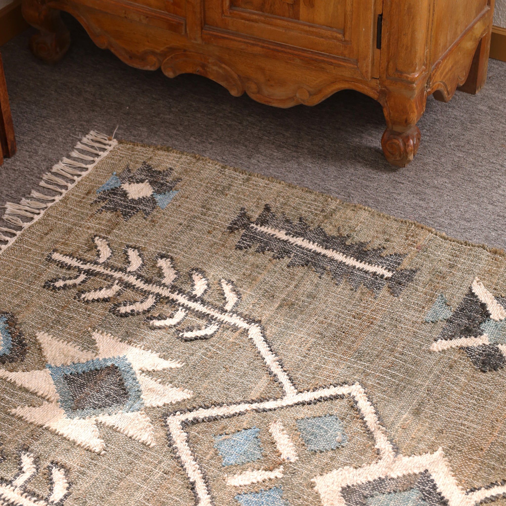 Handwoven Boho Kilim Area Rug - Beige Blue Geometric Cotton Flatweave Rug