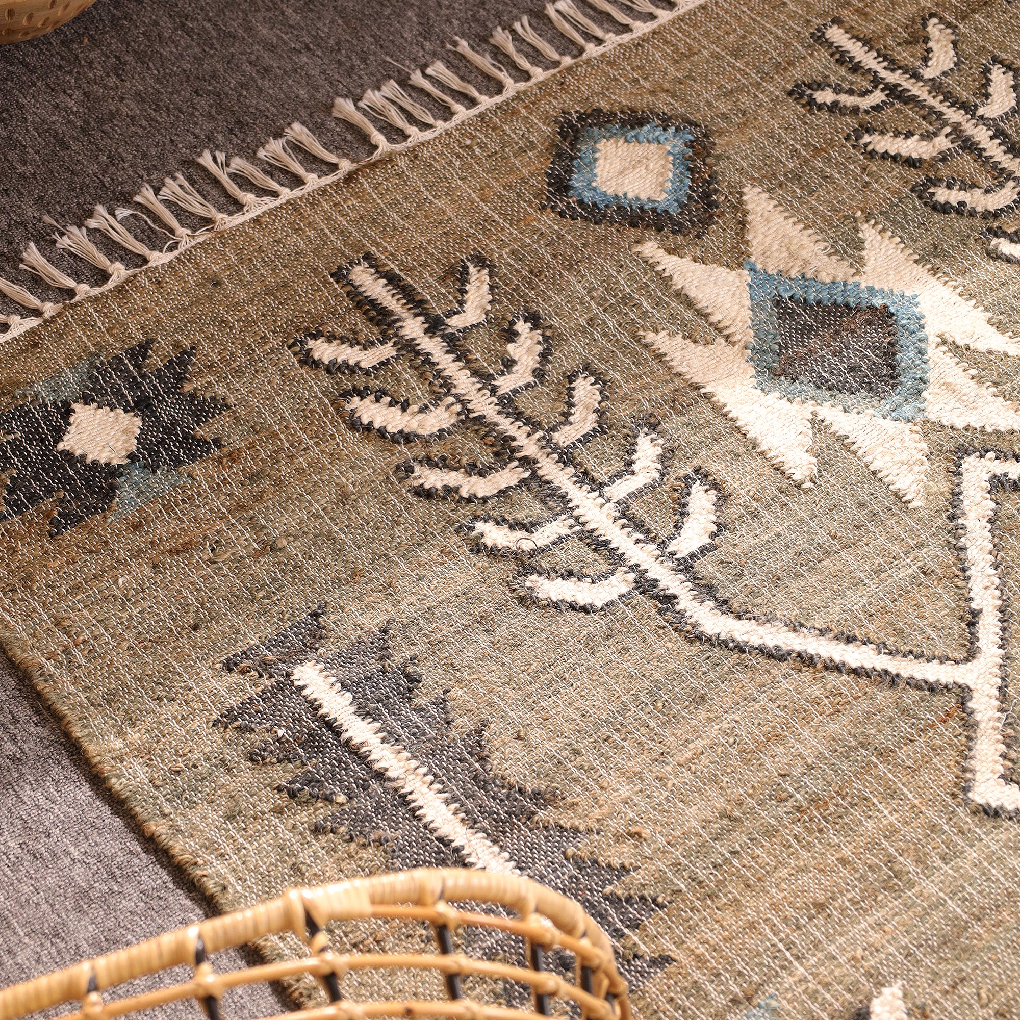 Handwoven Boho Kilim Area Rug - Beige Blue Geometric Cotton Flatweave Rug