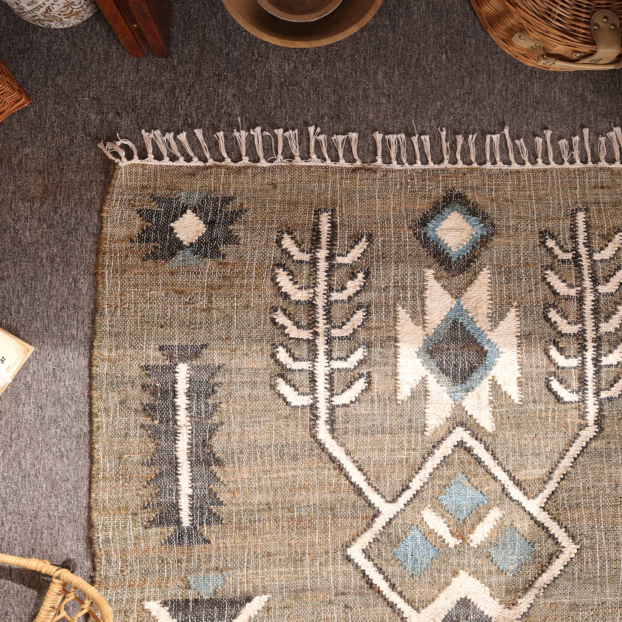 Handwoven Boho Kilim Area Rug - Beige Blue Geometric Cotton Flatweave Rug