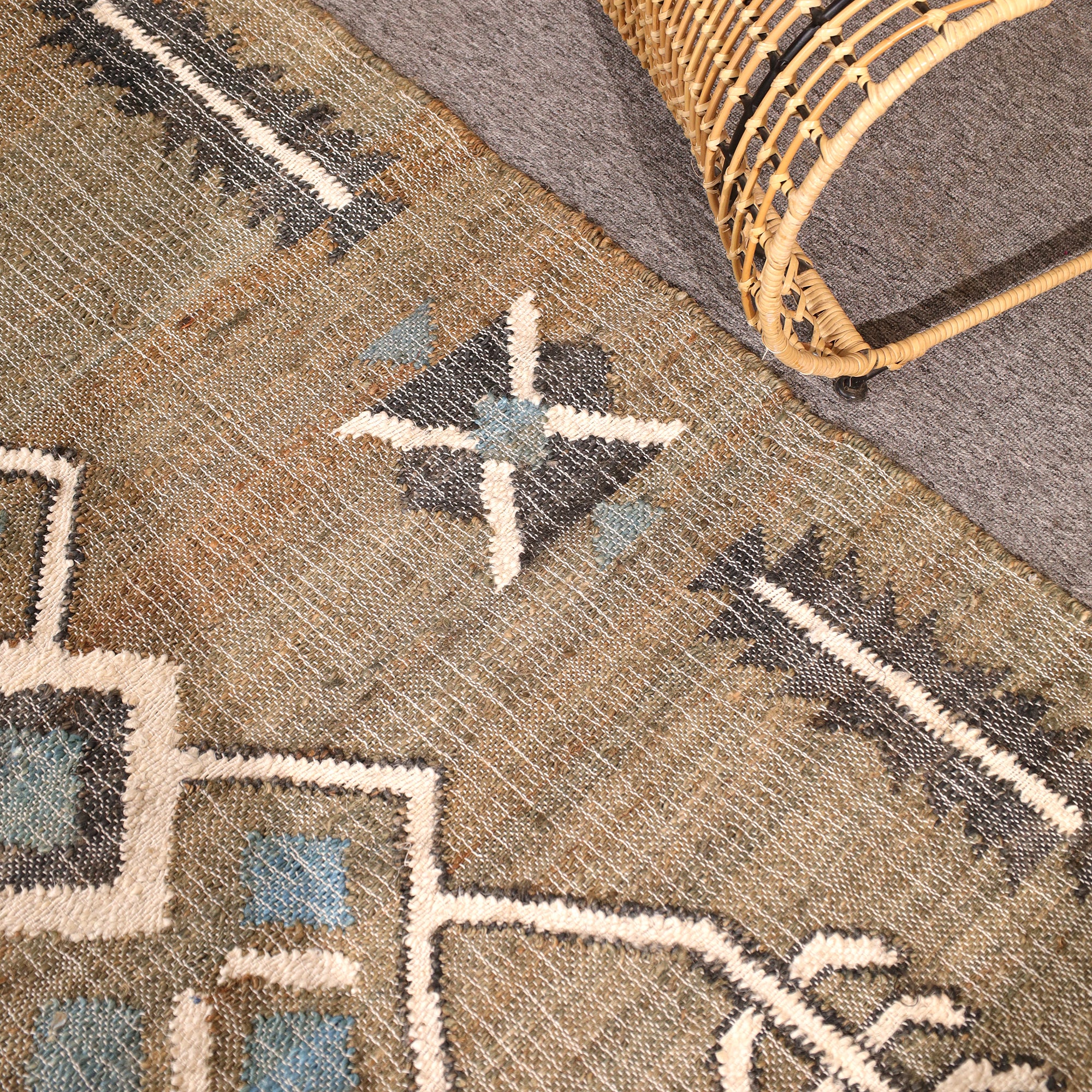 Handwoven Boho Kilim Area Rug - Beige Blue Geometric Cotton Flatweave Rug