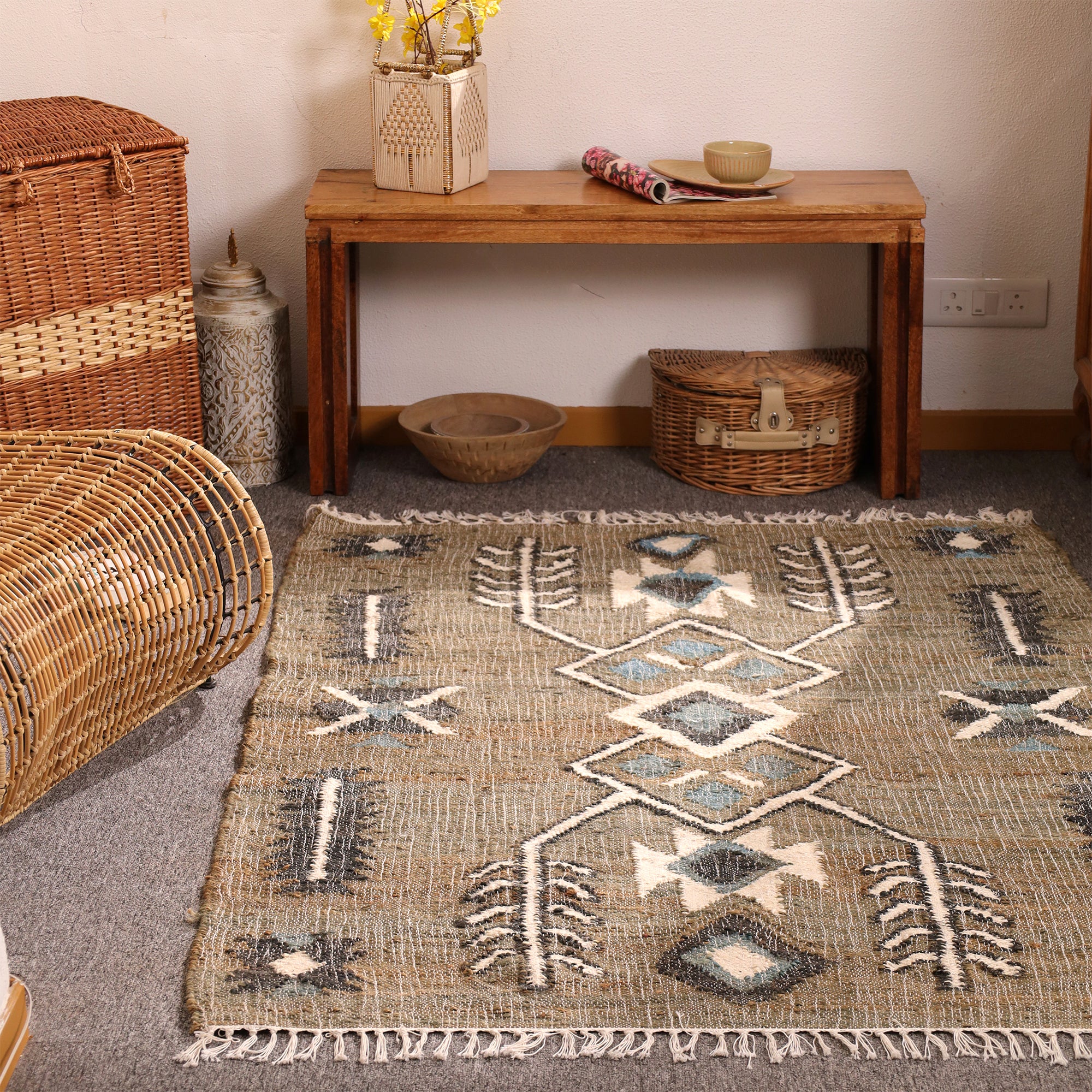 Handwoven Boho Kilim Area Rug - Beige Blue Geometric Cotton Flatweave Rug