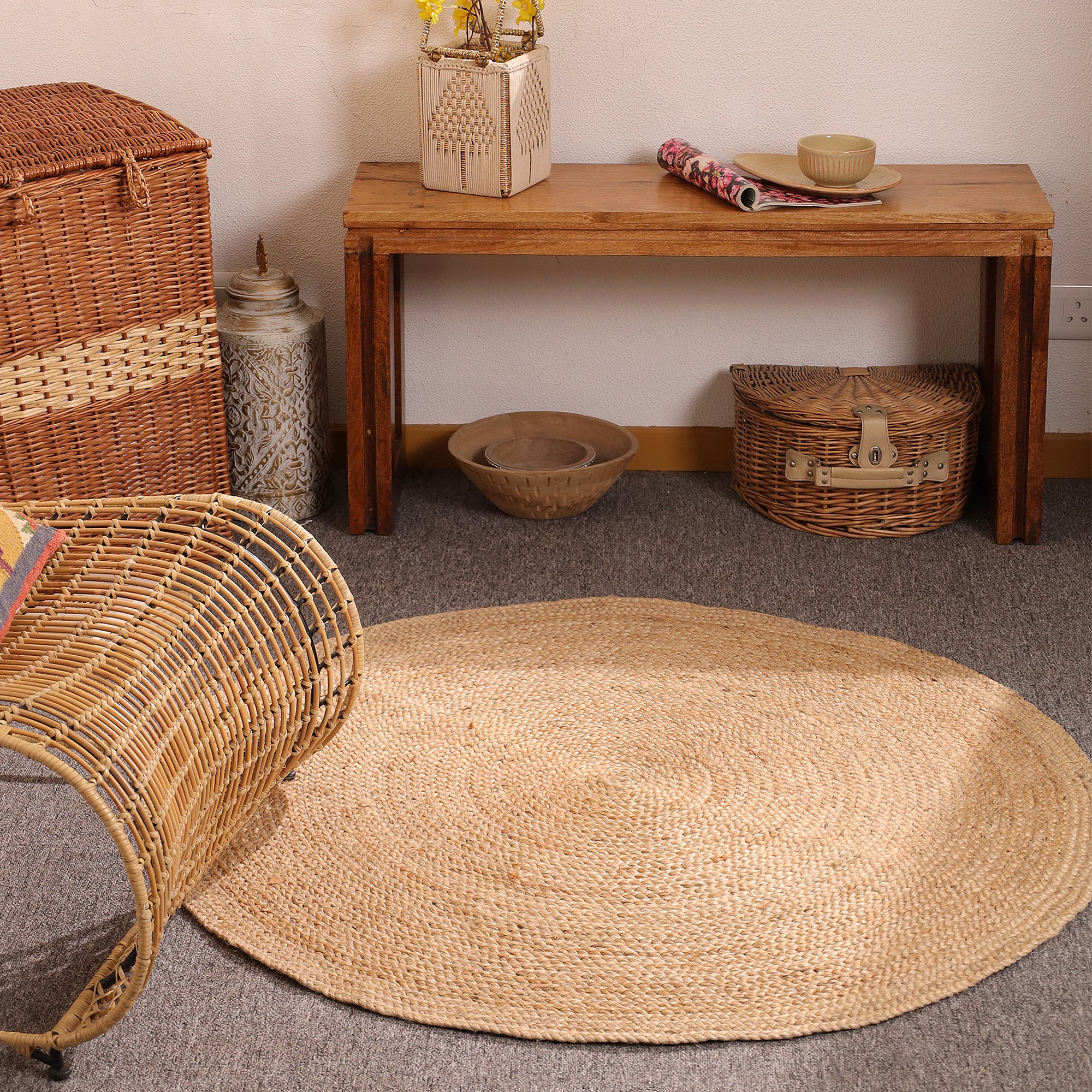 Natural Braided Jute Round Rug – Handmade Boho Farmhouse Floor Carpet