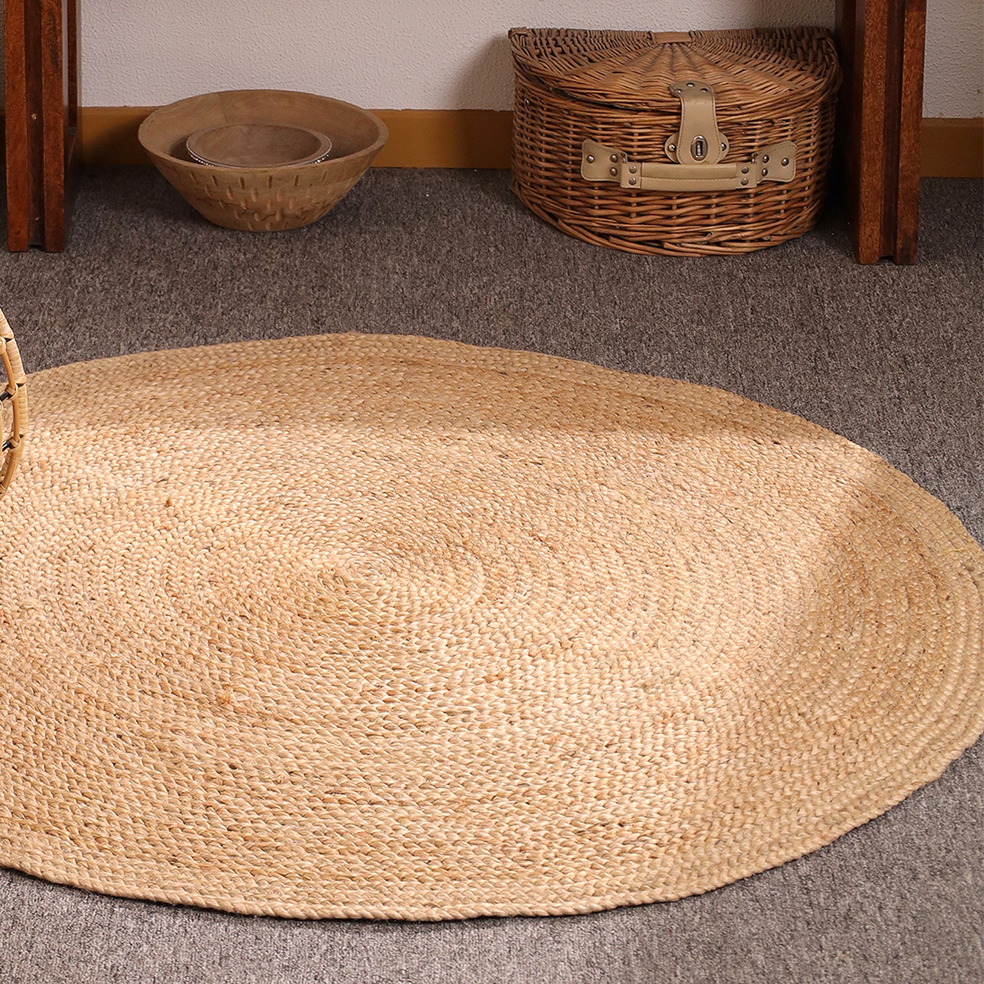 Natural Braided Jute Round Rug – Handmade Boho Farmhouse Floor Carpet