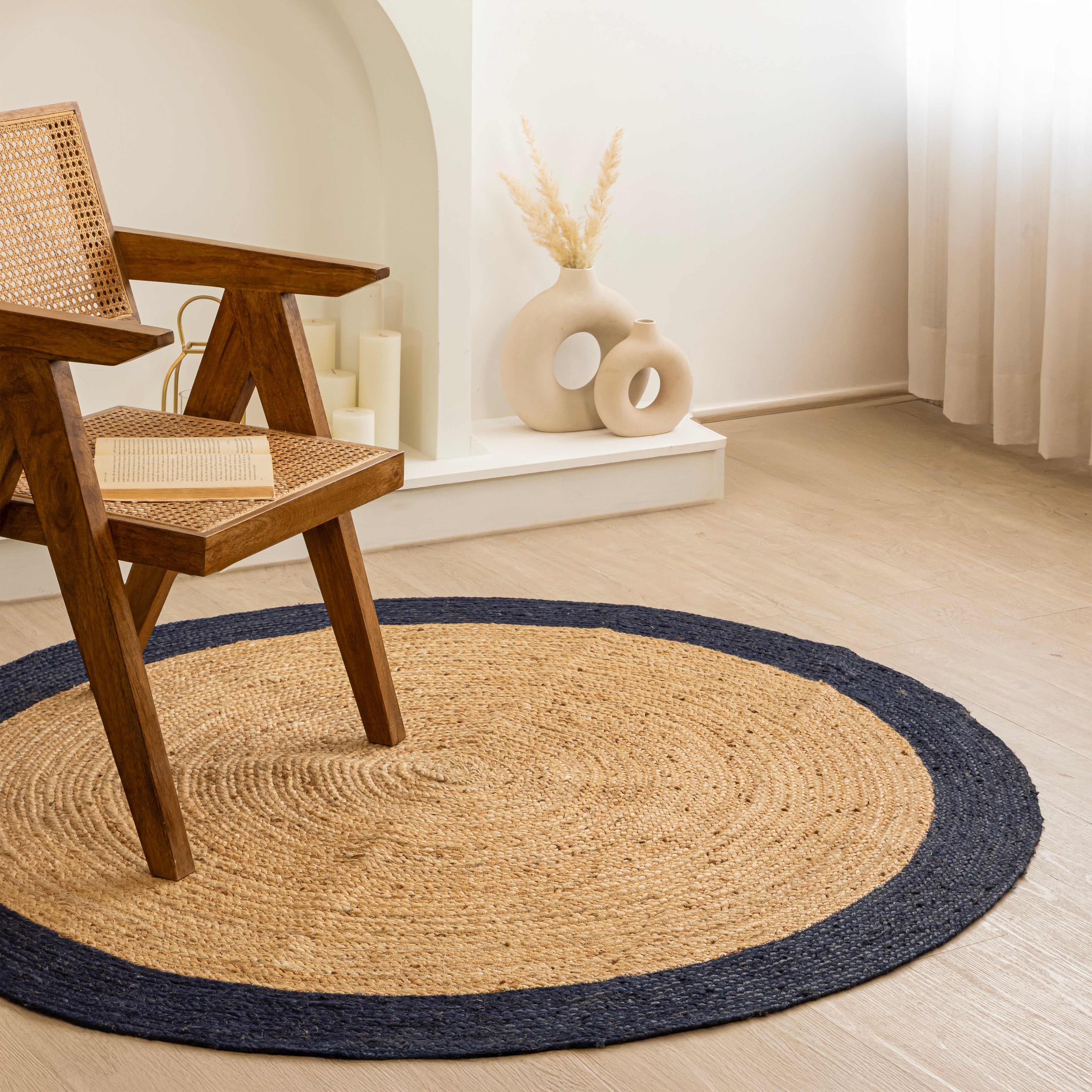 Handwoven Round Jute Rug with Navy Blue Border - Natural Braided Boho Area Rug