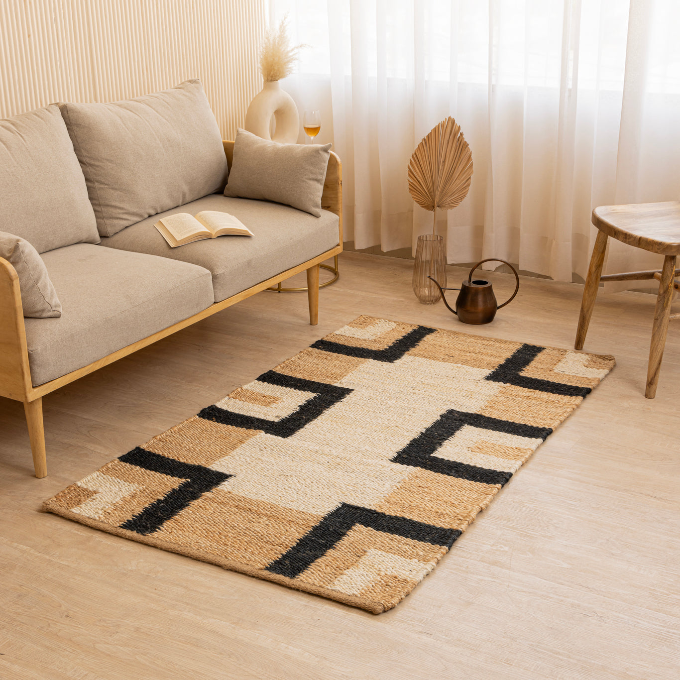 Handcrafted 100% Hemp Rug by Rugzcraft – Natural Black & White Geometric Design