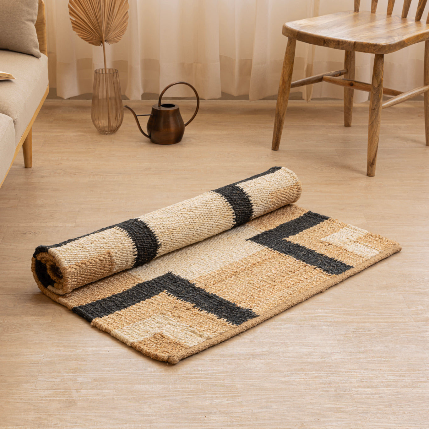 Handcrafted 100% Hemp Rug by Rugzcraft – Natural Black & White Geometric Design