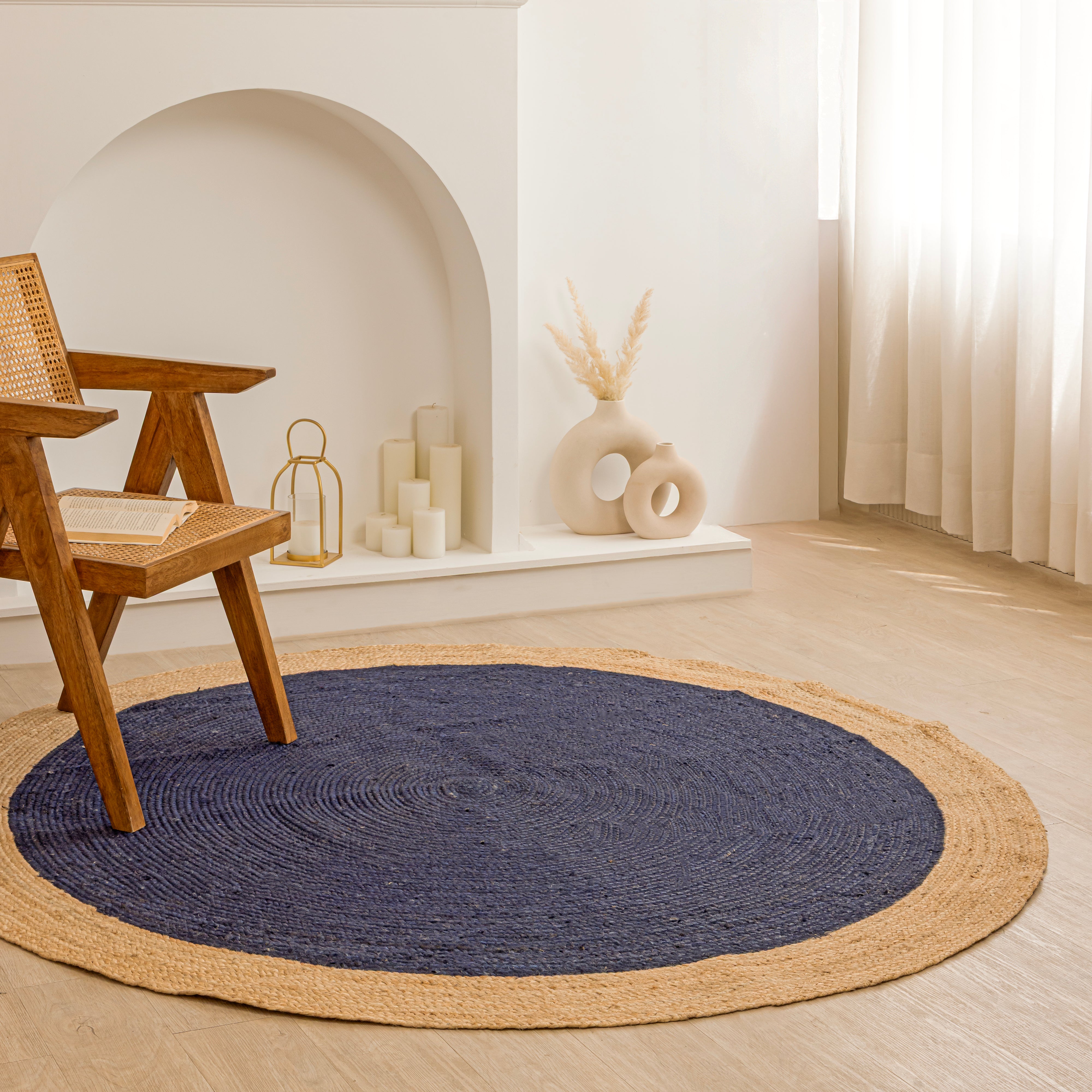 Handwoven Round Navy Blue Jute Rug Natural Braided Boho Area Rug Eco - Friendly Farmhouse & Coastal Carpet