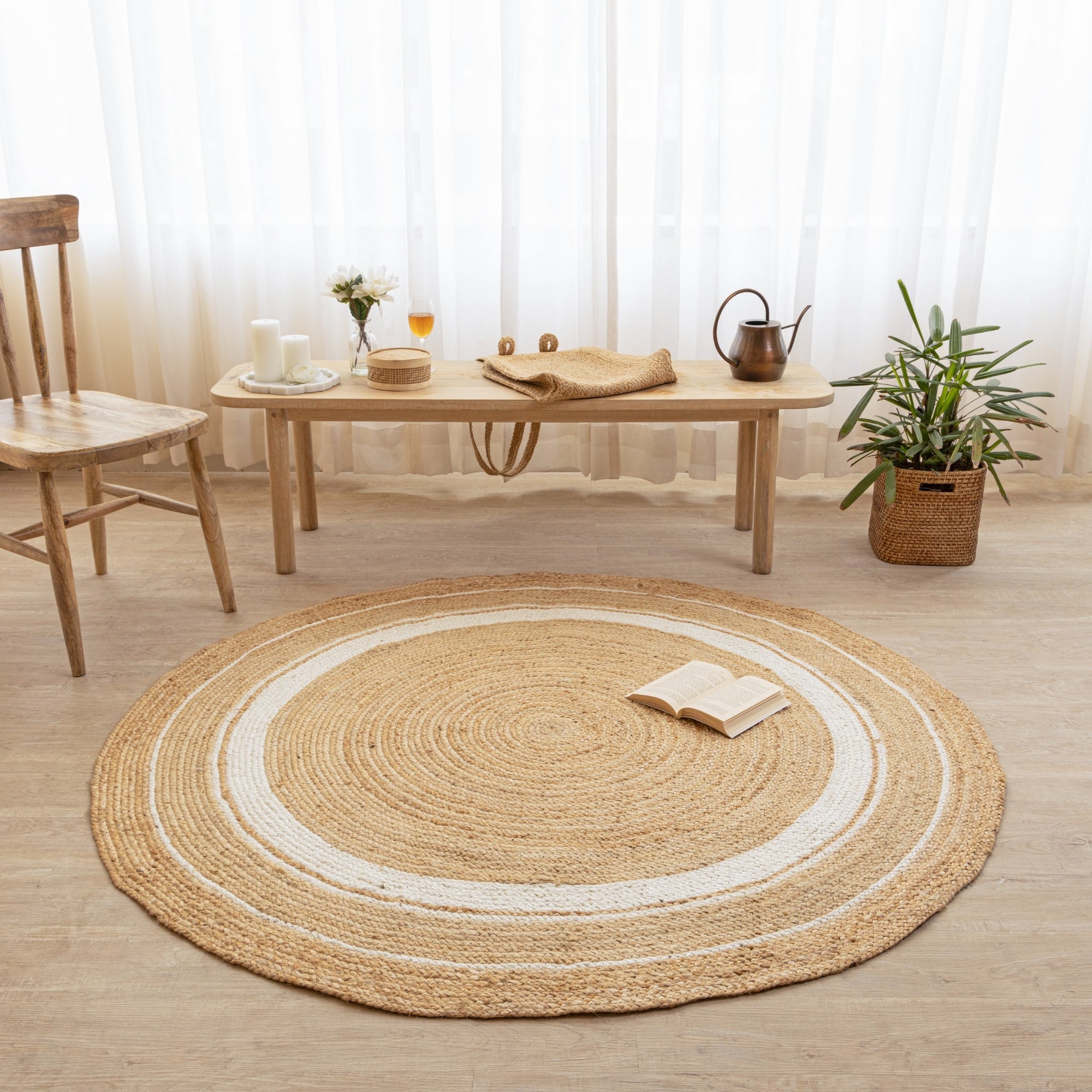 Handmade Round Jute Rug with White Scalloped Border Natural Braided Boho Area Rug For Living