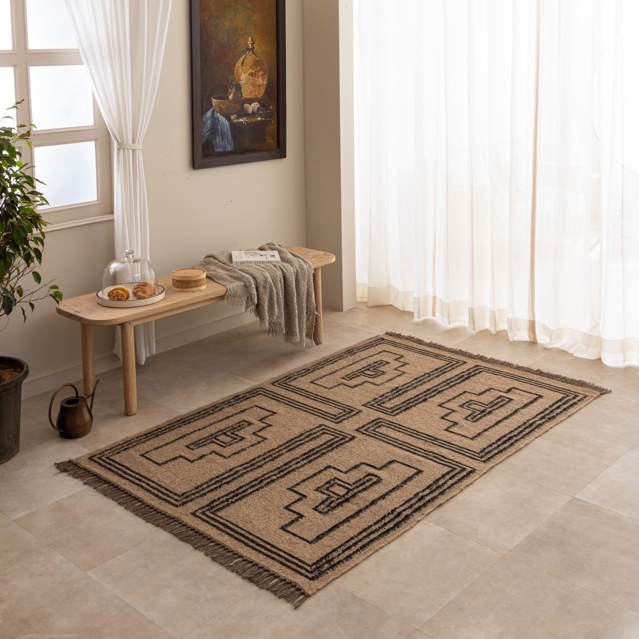 Handwoven Beige & Black Geometric Jute Rug - Tribal Boho Area for Living Room & Bedroom
