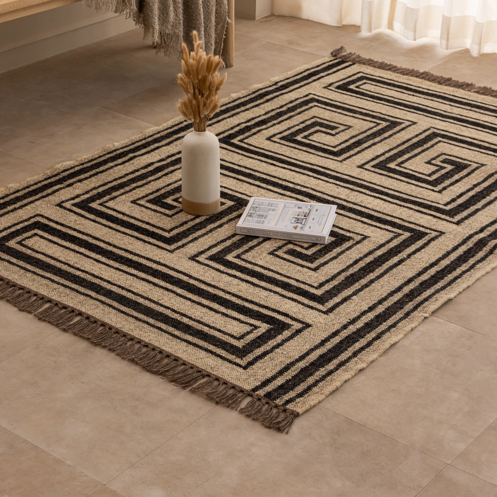 Modern Geometric Flat-Weave Area Rug | Handwoven Greek Key Motifs & Natural Beige Earthy Tones