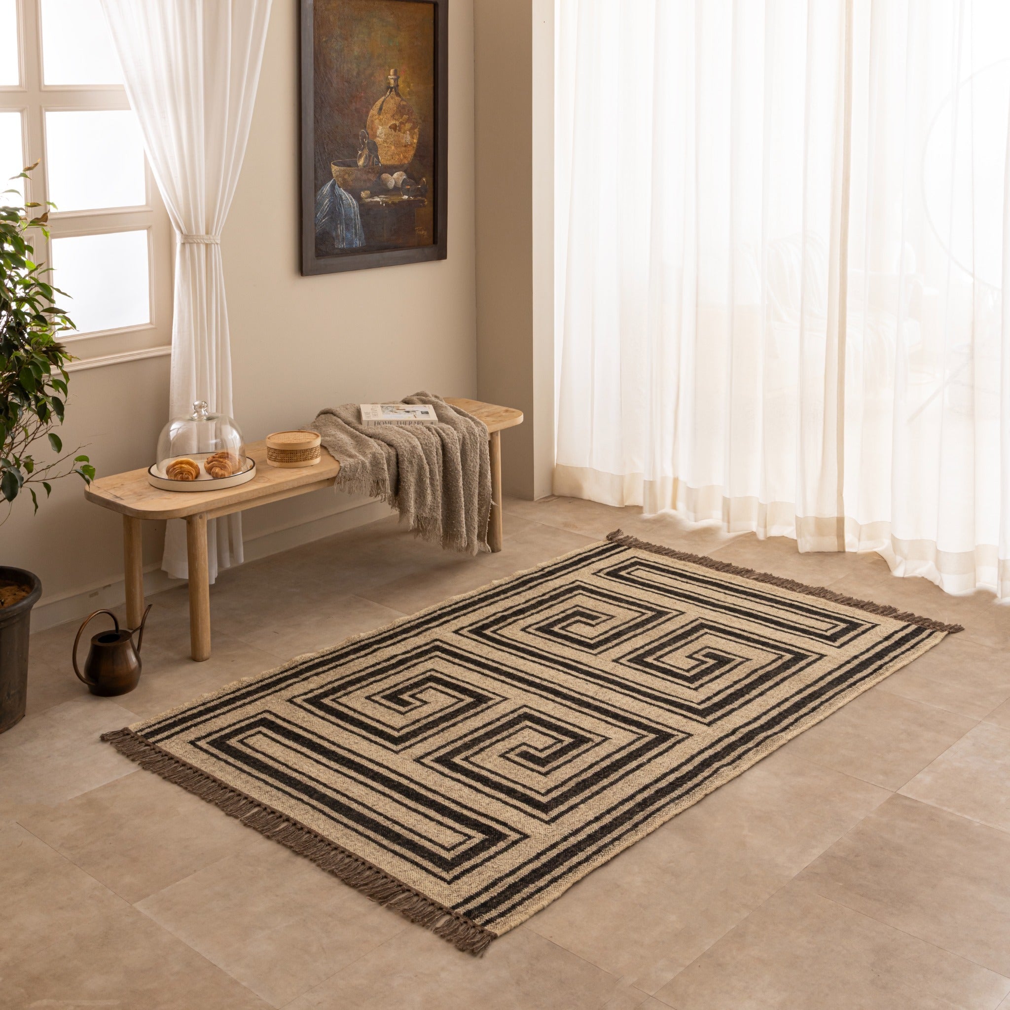 Modern Geometric Flat-Weave Area Rug | Handwoven Greek Key Motifs & Natural Beige Earthy Tones