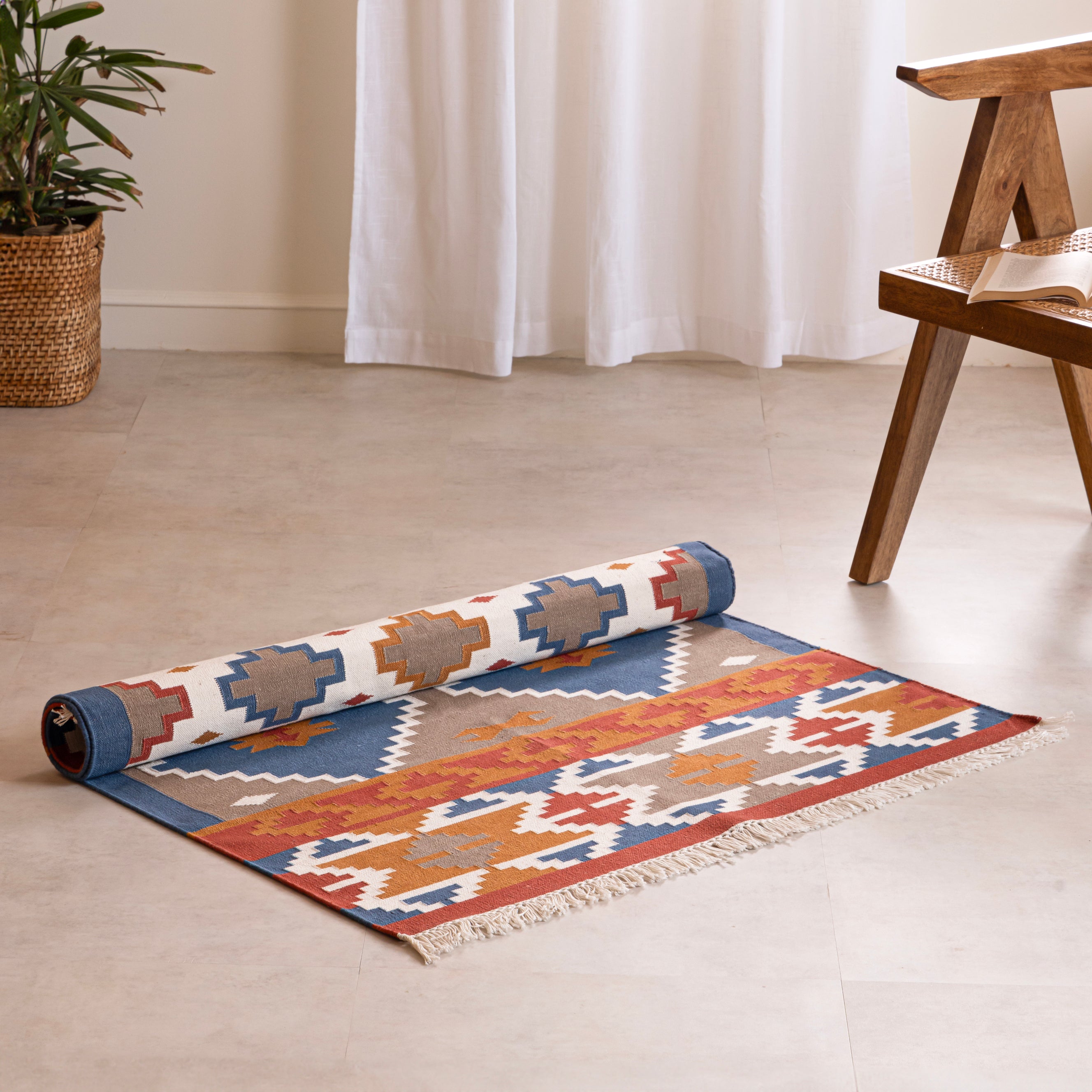 Handwoven Cotton Rug with Southwestern Geometric Design - Earthy Blue and Rust Tones