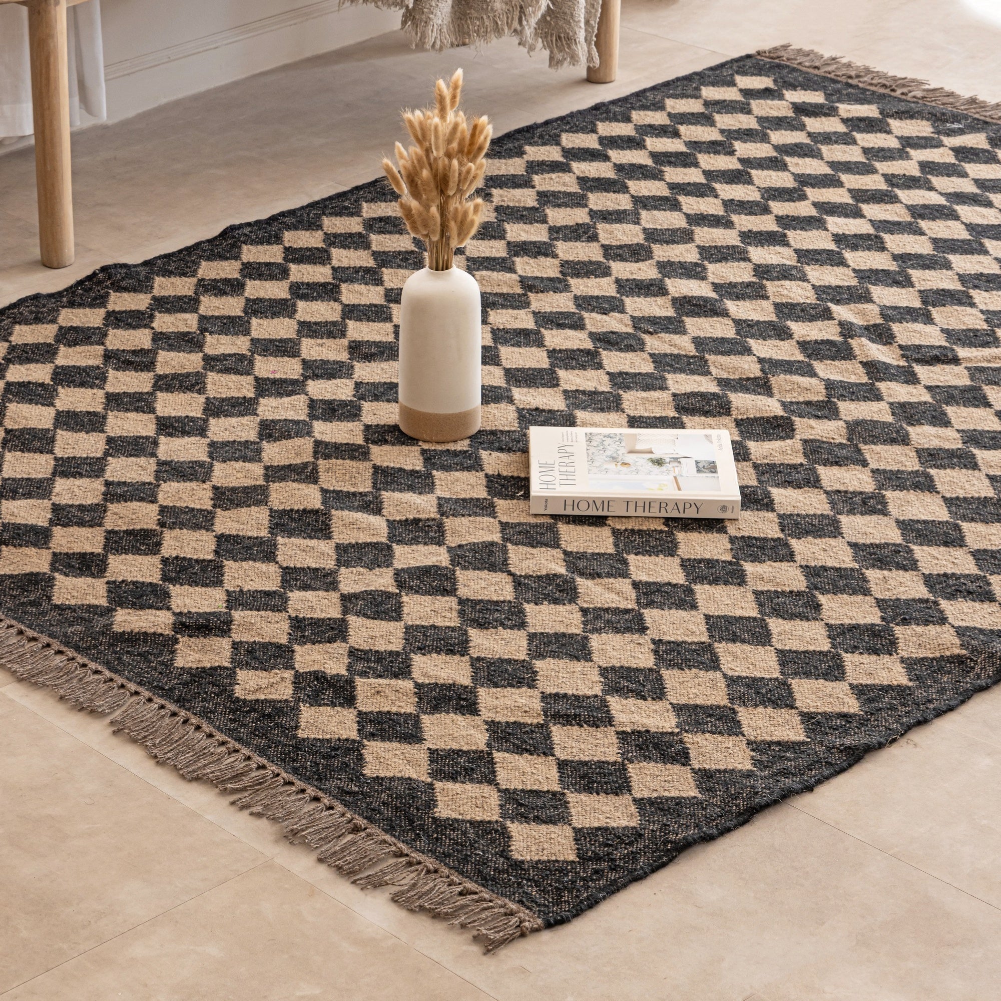 Handwoven Diamond Chekerboard Jute Area Rug - Rustic Boho Entryway Accent