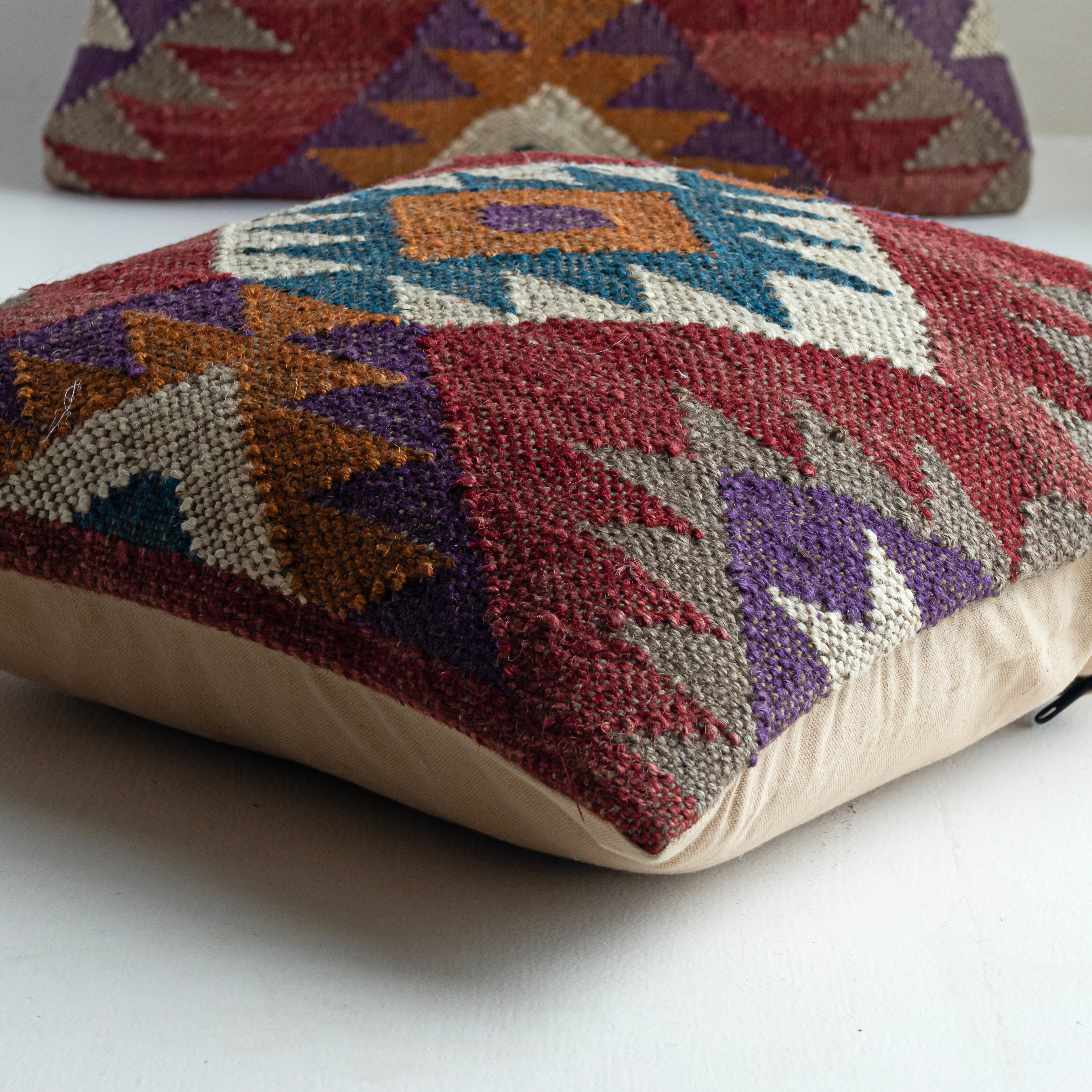 Handwoven Colorful Kilim Cushion Cover Boho Geometric Wool Throw Pillow