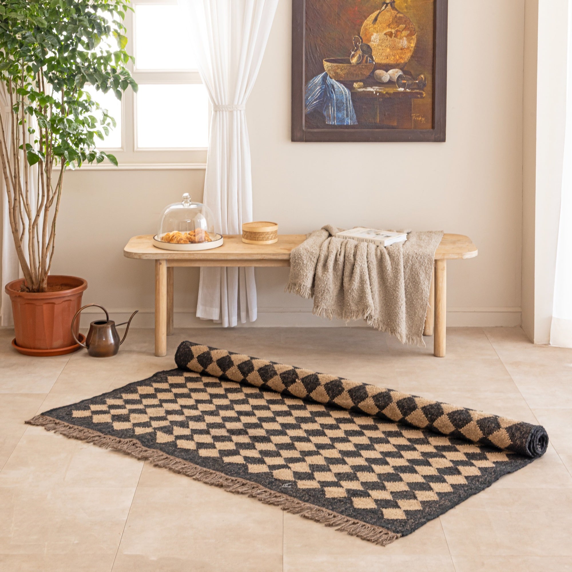 Handwoven Diamond Chekerboard Jute Area Rug - Rustic Boho Entryway Accent