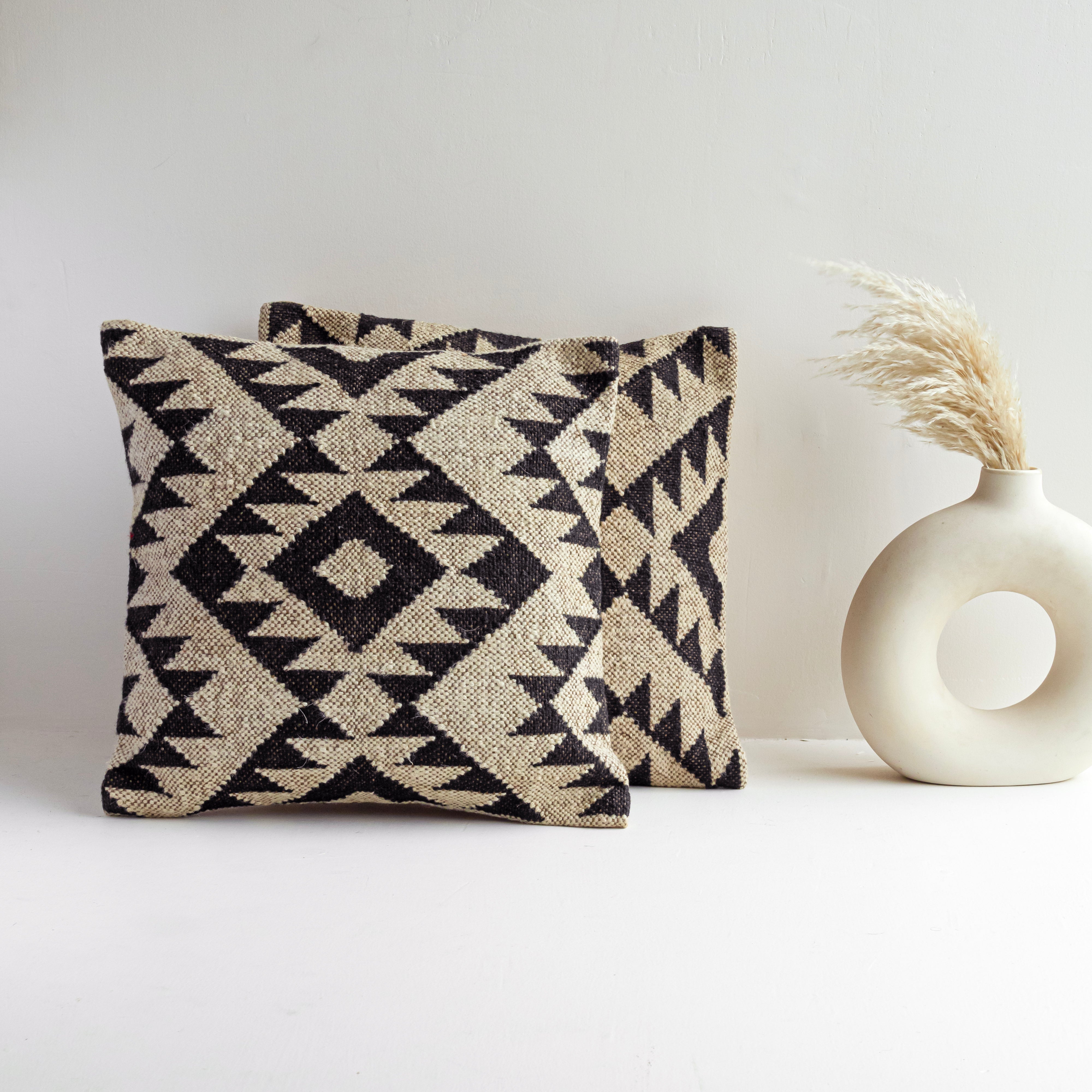 Handwoven Black & Beige Kilim Cushion Cover Geometric Tribal Throw Pillow