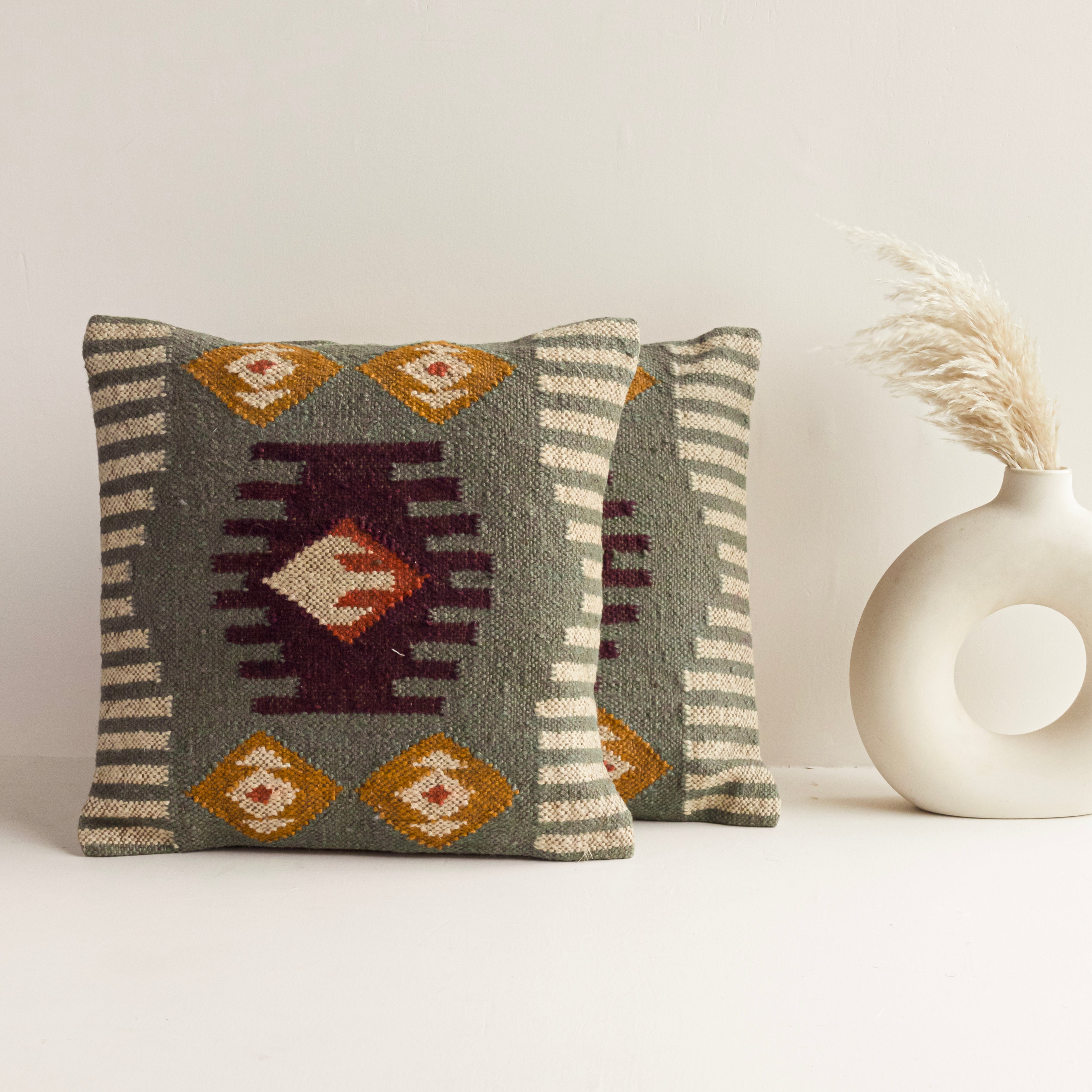 Handwoven Sage Green Kilim Cushion Cover - Geometric Wool Throw Pillow Cover