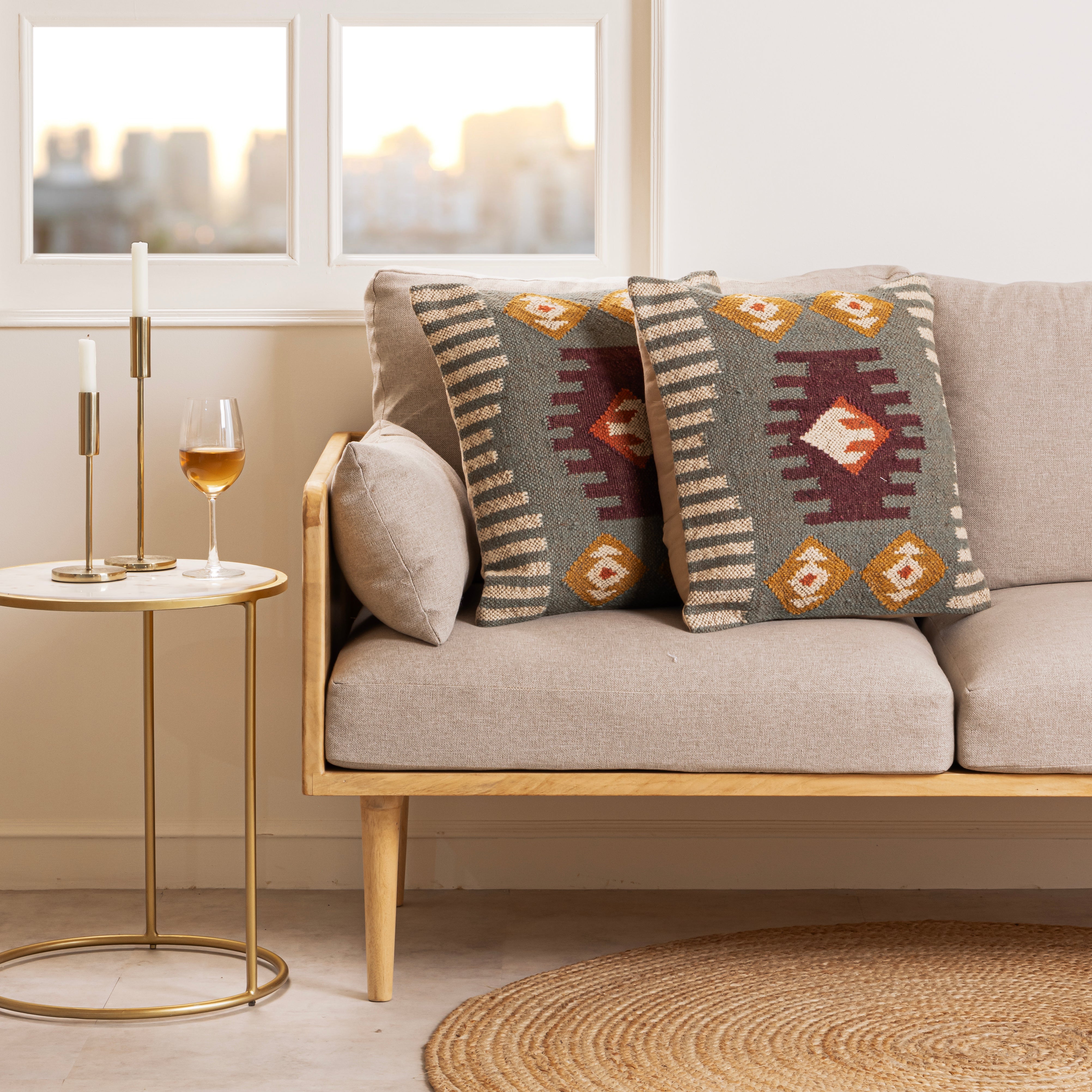Handwoven Sage Green Kilim Cushion Cover - Geometric Wool Throw Pillow Cover