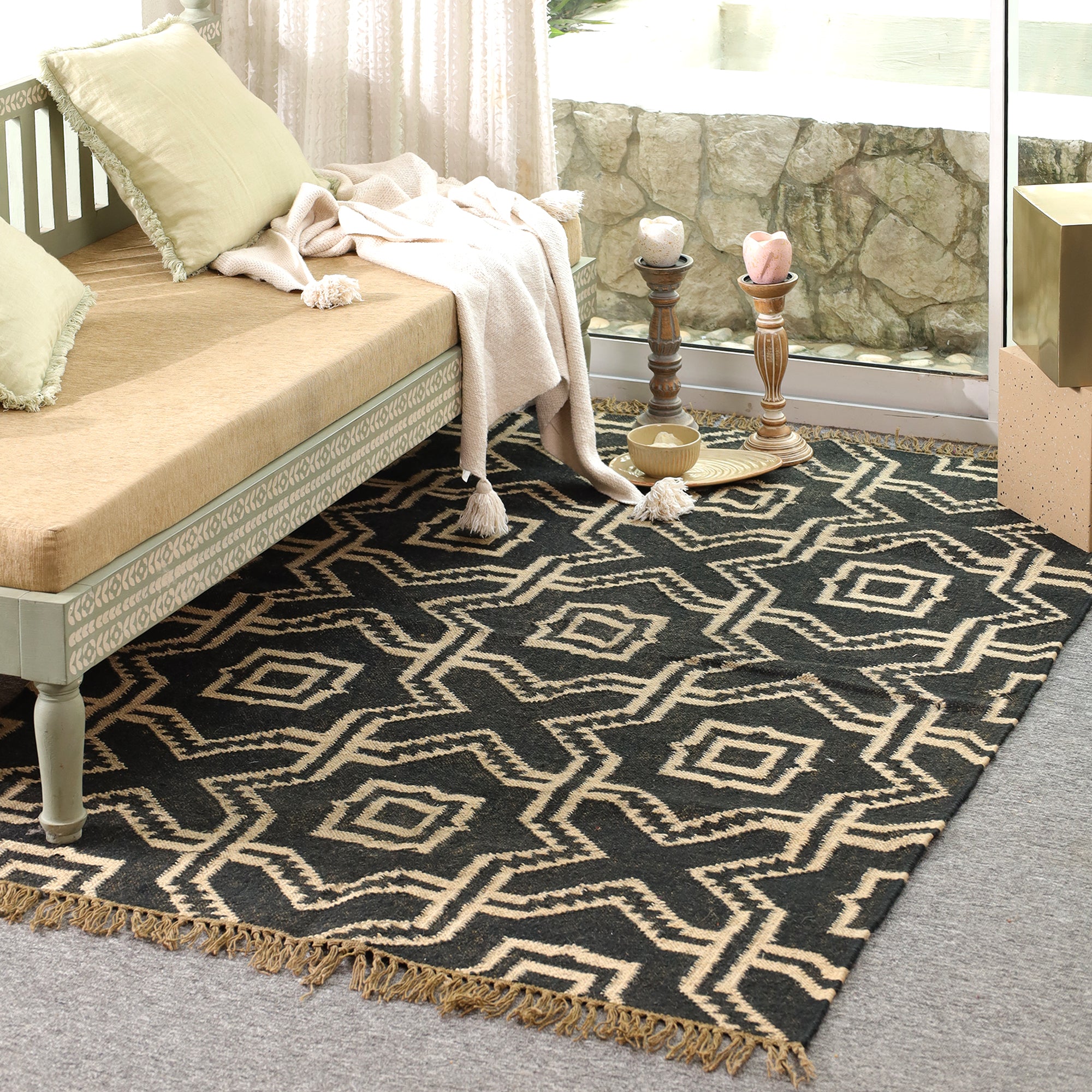 Black & Beige Geometric Handwoven Area Rug with Tassels | Modern Boho Floor Carpet
