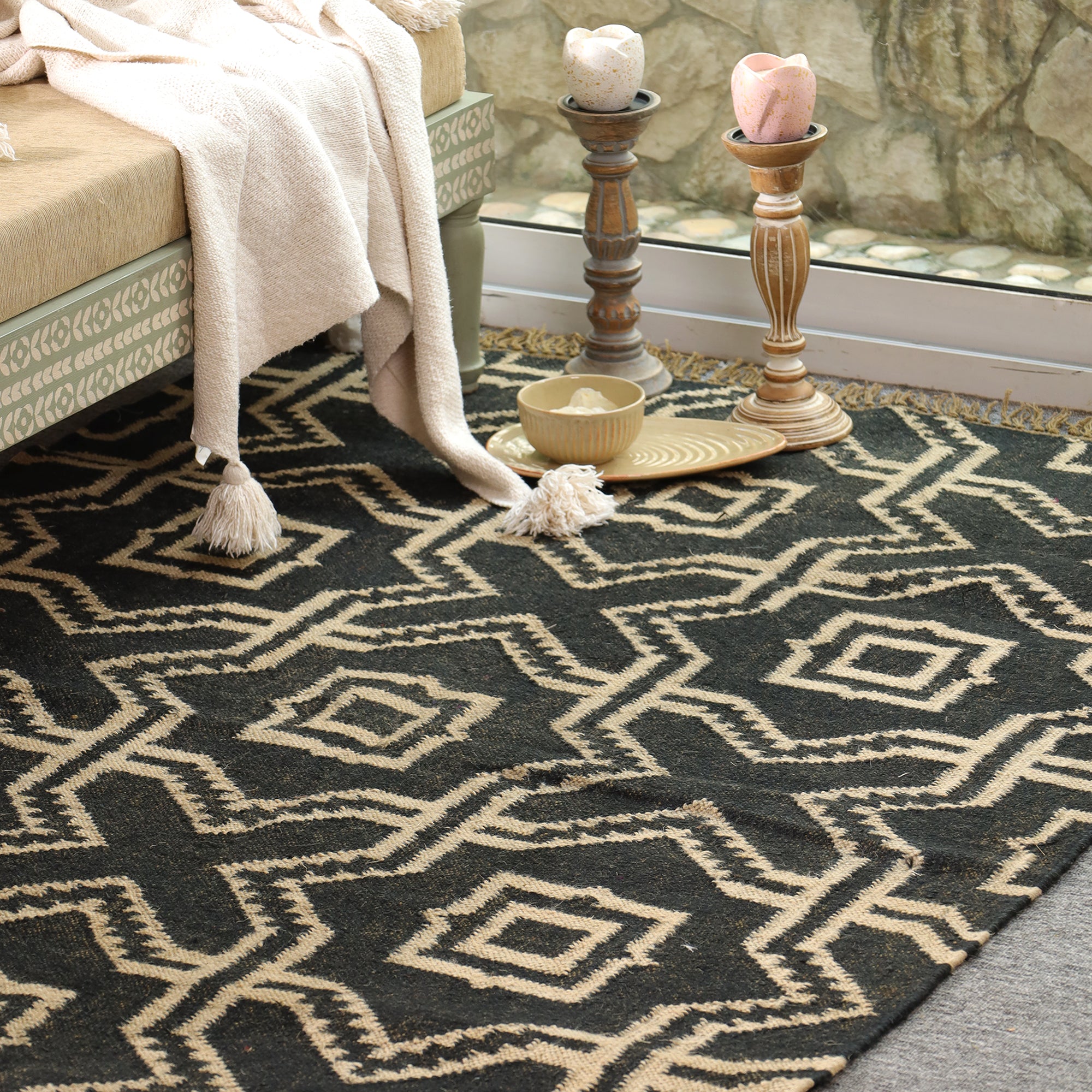 Black & Beige Geometric Handwoven Area Rug with Tassels | Modern Boho Floor Carpet