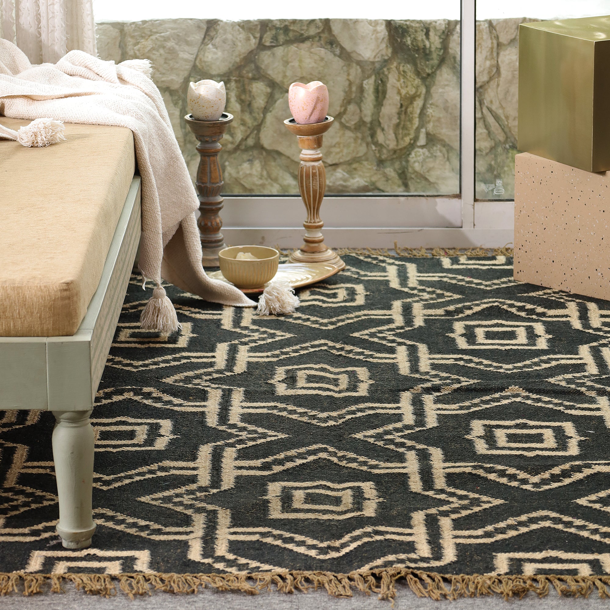 Black & Beige Geometric Handwoven Area Rug with Tassels | Modern Boho Floor Carpet