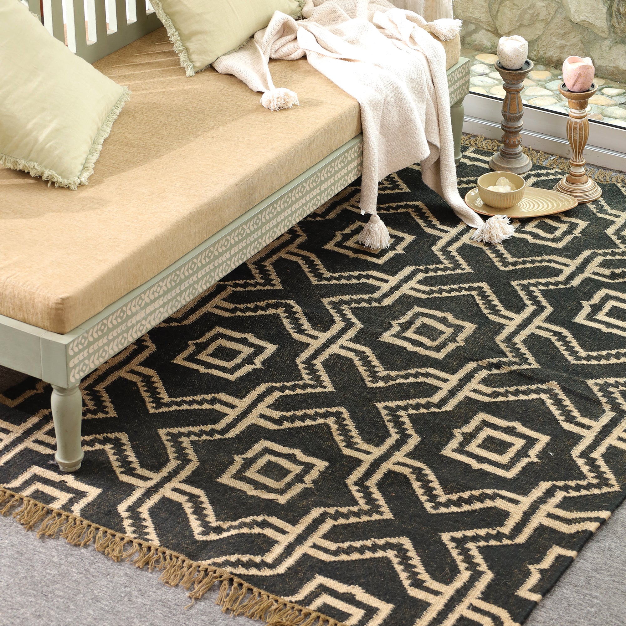 Black & Beige Geometric Handwoven Area Rug with Tassels | Modern Boho Floor Carpet