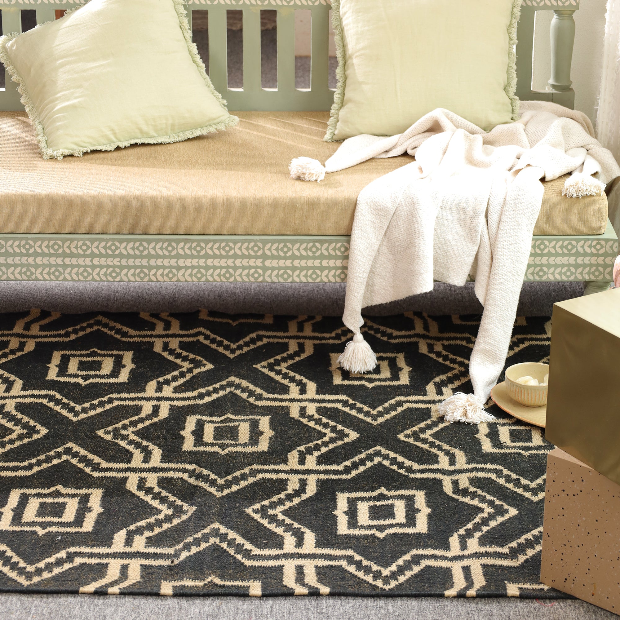 Black & Beige Geometric Handwoven Area Rug with Tassels | Modern Boho Floor Carpet