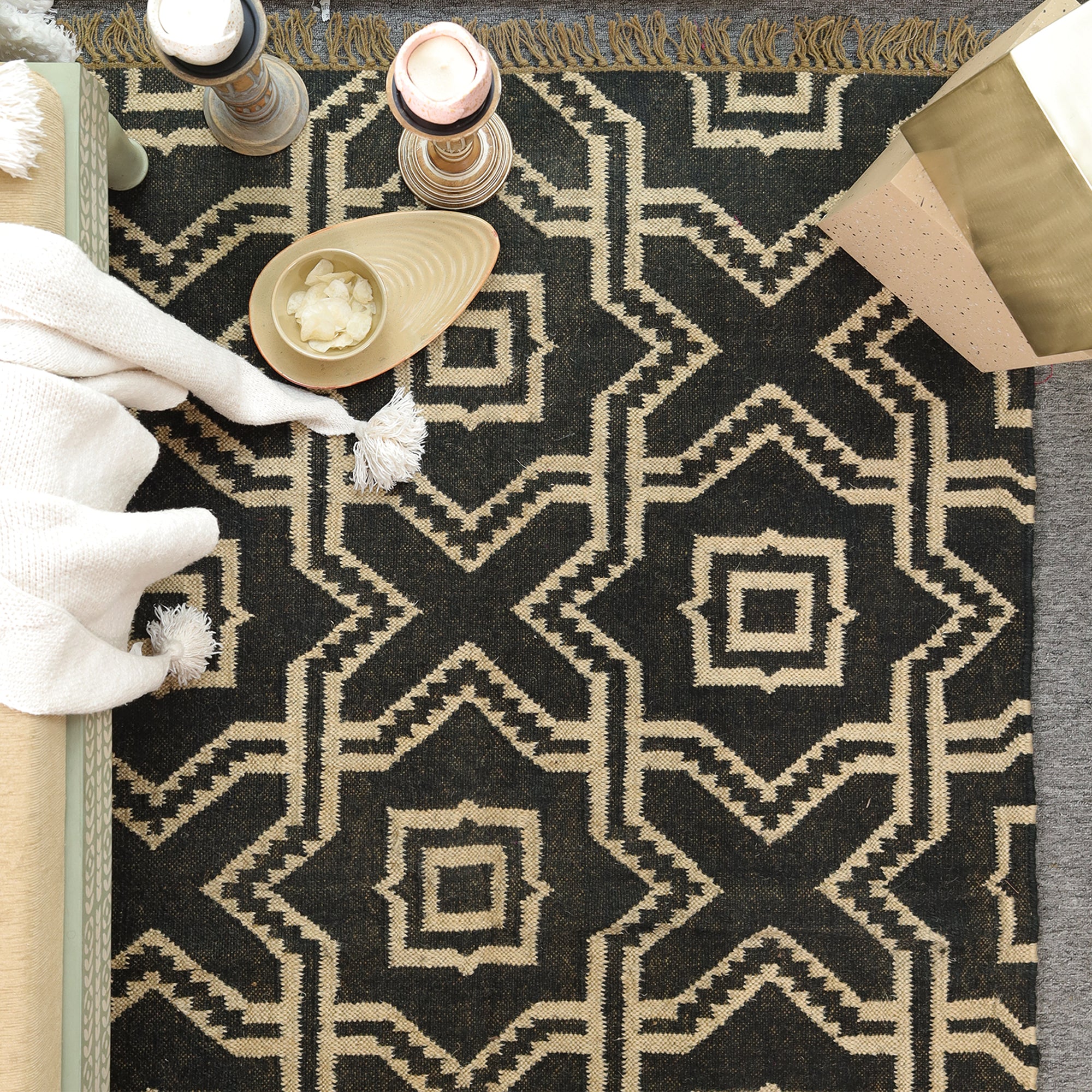 Black & Beige Geometric Handwoven Area Rug with Tassels | Modern Boho Floor Carpet