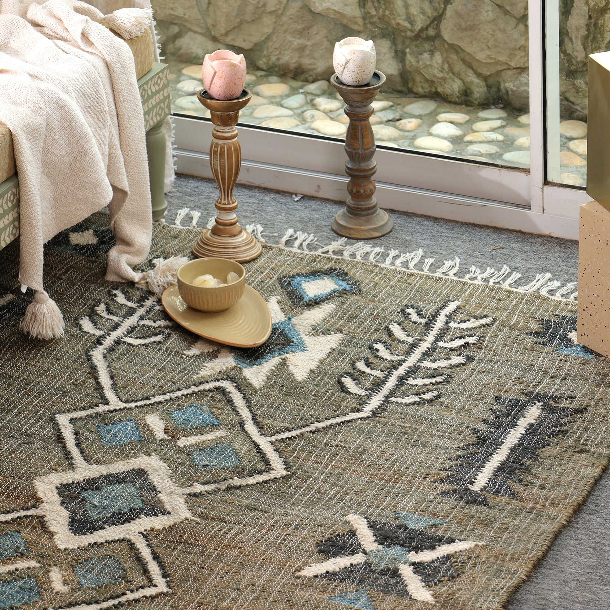 Boho Tribal Geometric Area Rug with Tassels | Handmade Style Living Room Carpet