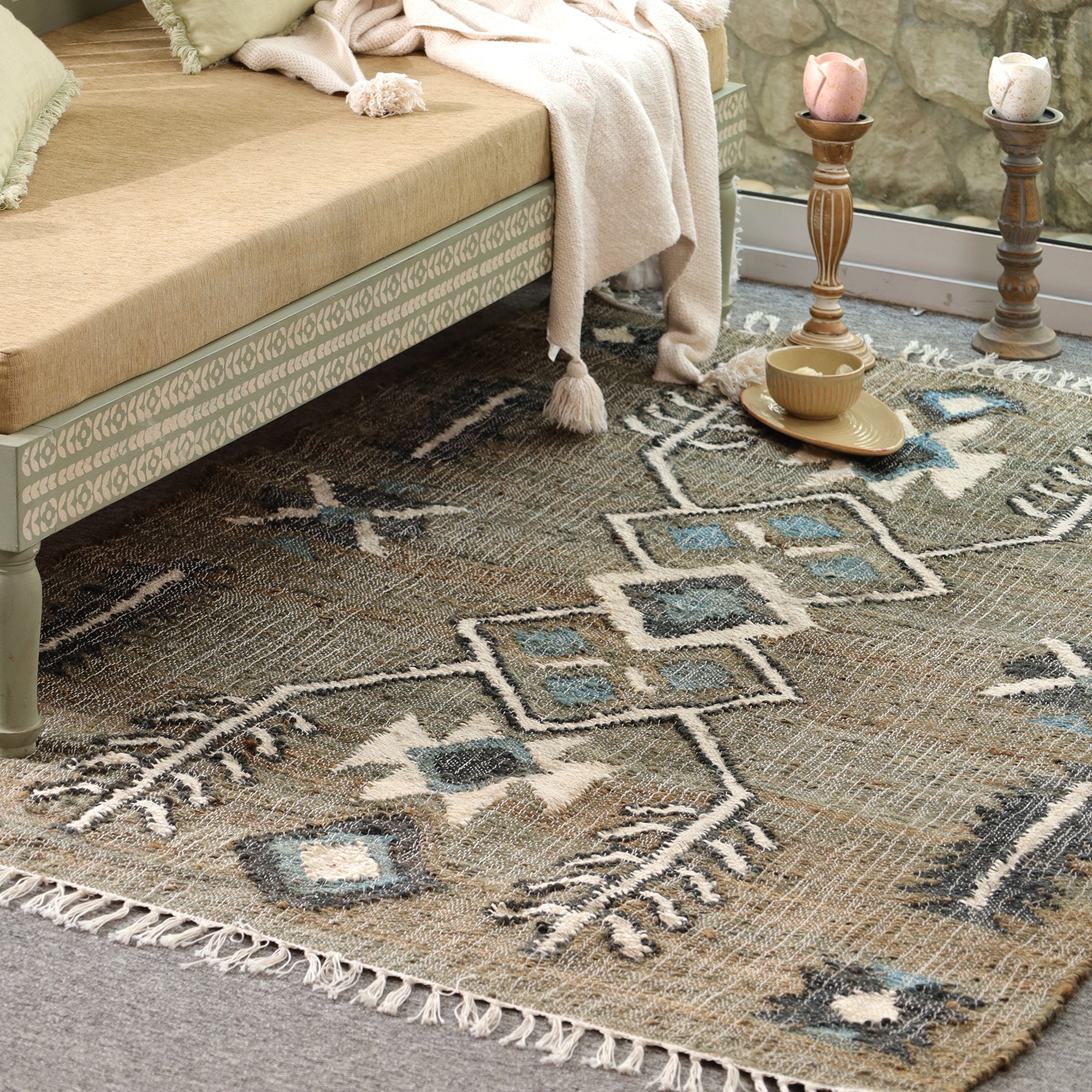 Boho Tribal Geometric Area Rug with Tassels | Handmade Style Living Room Carpet