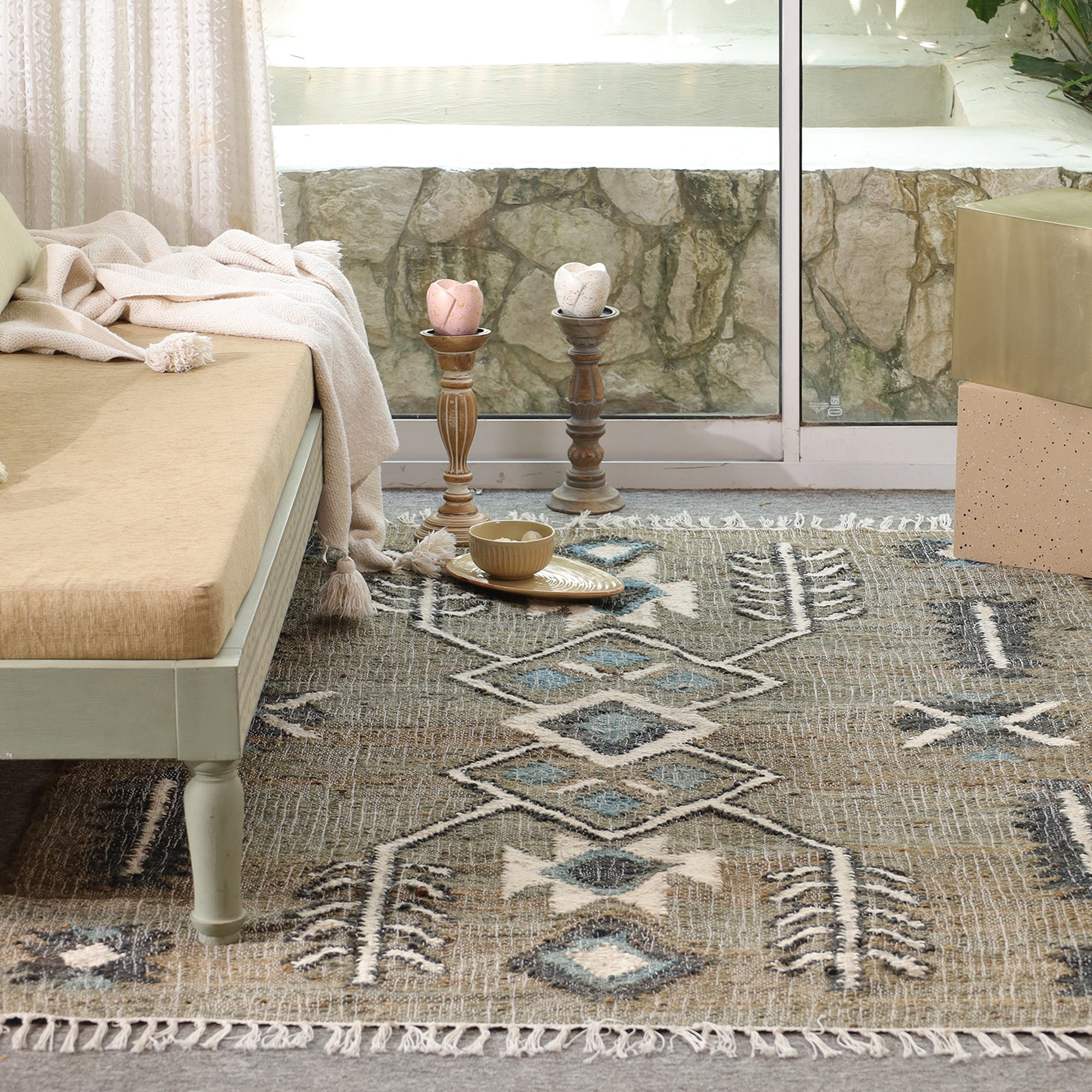 Boho Tribal Geometric Area Rug with Tassels | Handmade Style Living Room Carpet