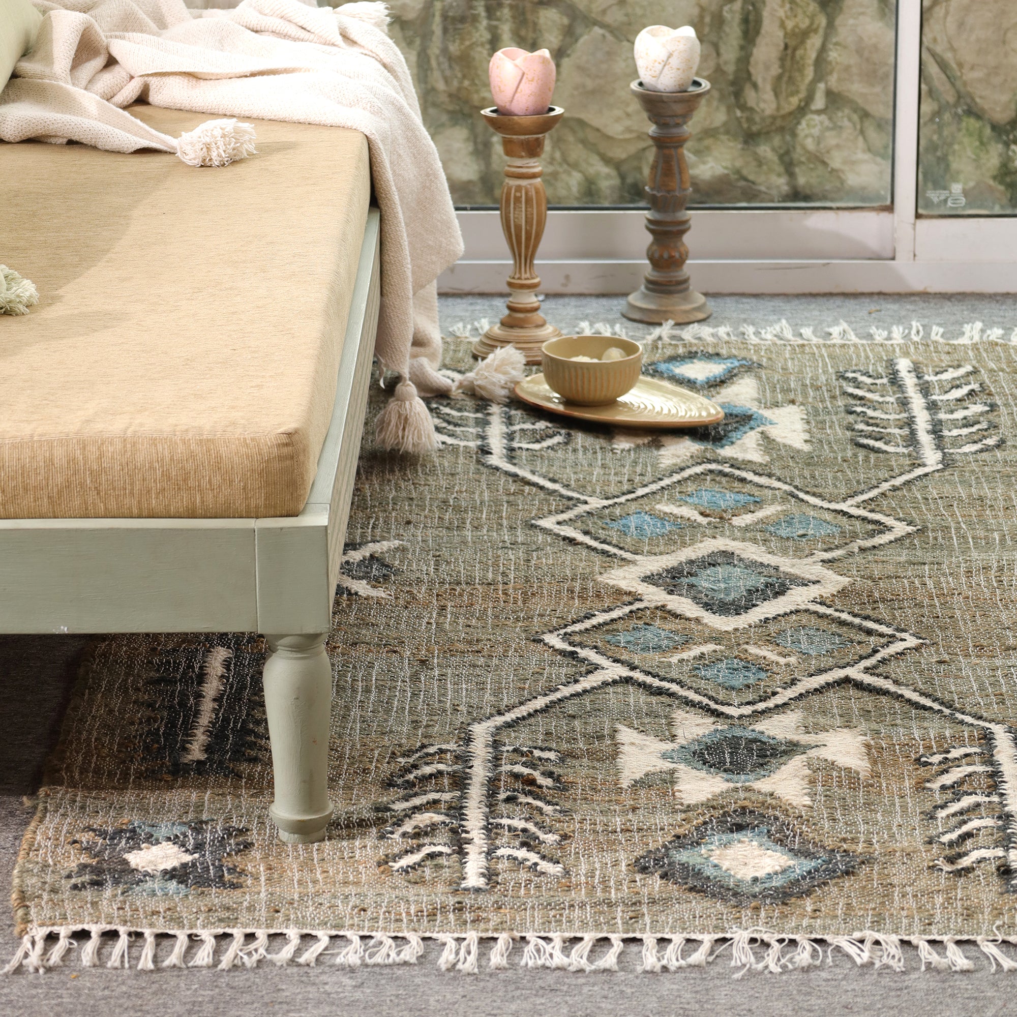 Boho Tribal Geometric Area Rug with Tassels | Handmade Style Living Room Carpet