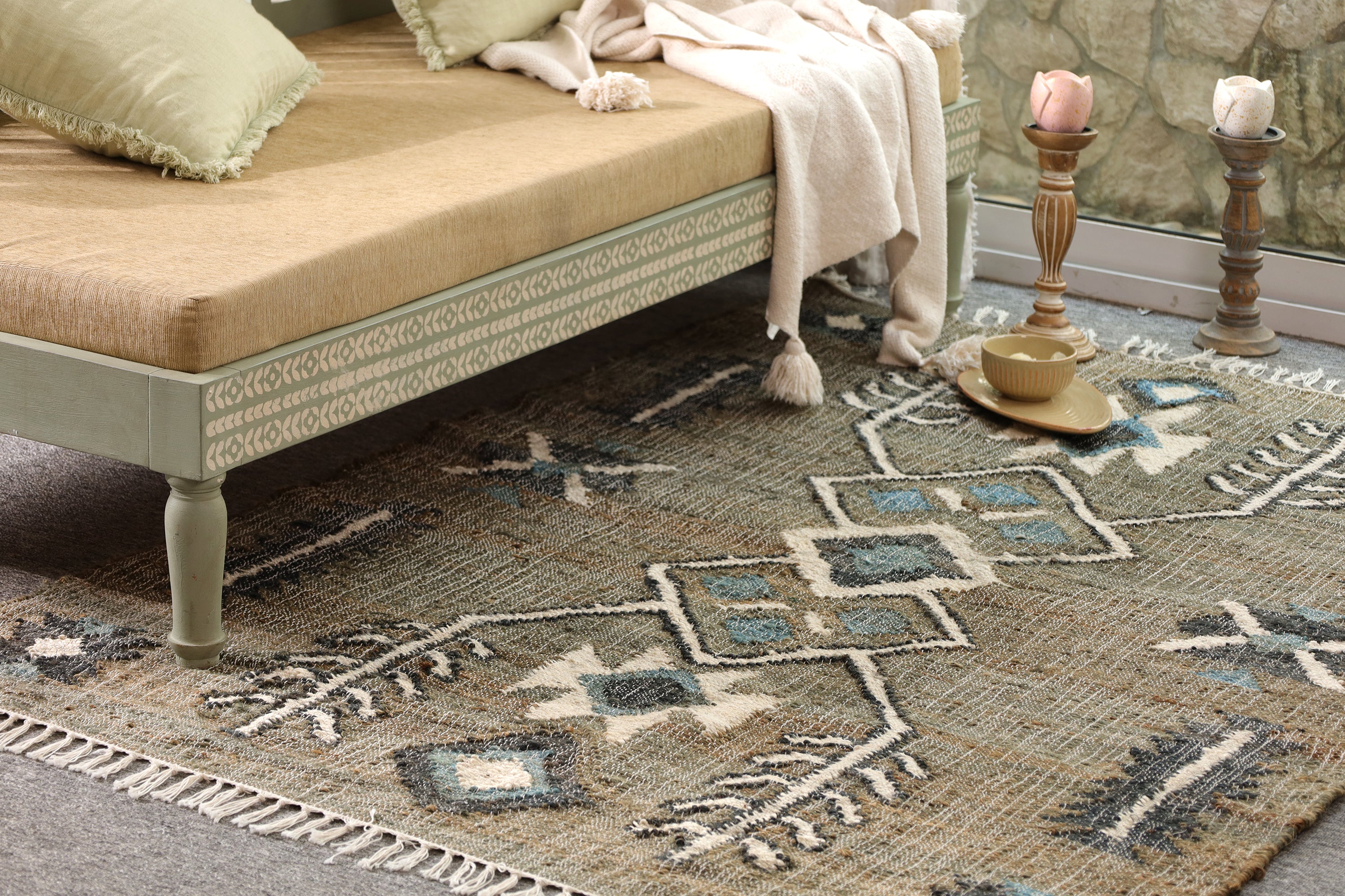 Boho Tribal Geometric Area Rug with Tassels | Handmade Style Living Room Carpet