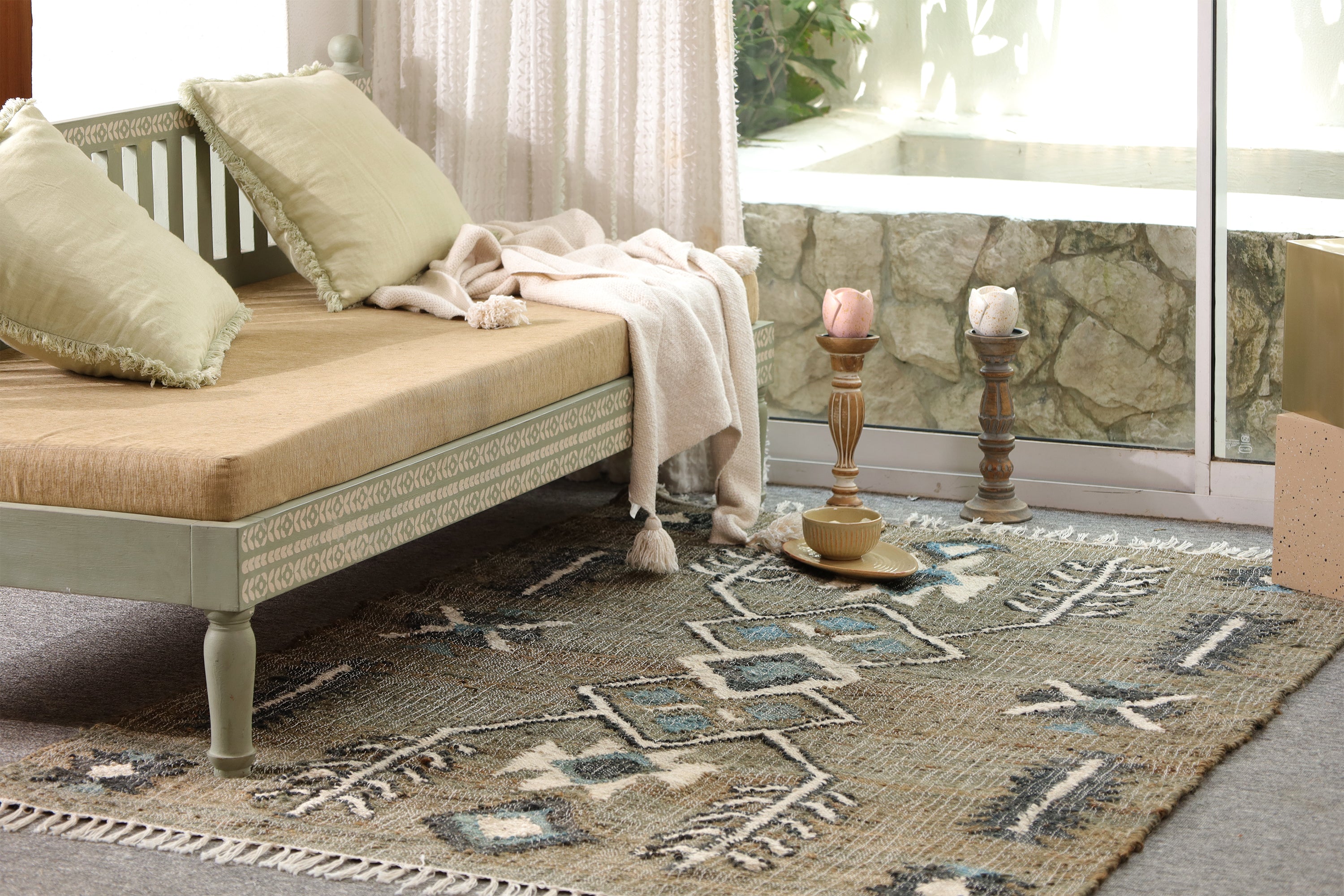 Boho Tribal Geometric Area Rug with Tassels | Handmade Style Living Room Carpet