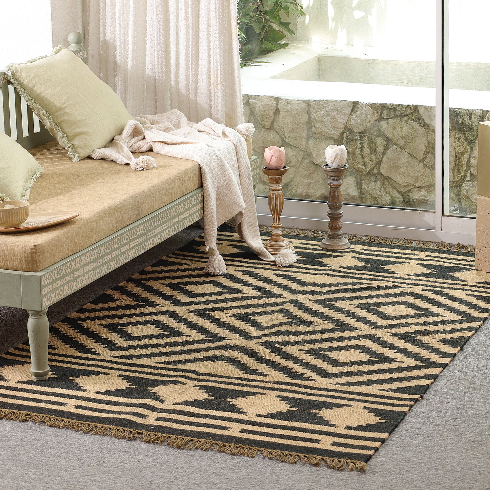 Black & Beige Tribal Geometric Area Rug | Boho Woven Living Room Carpet