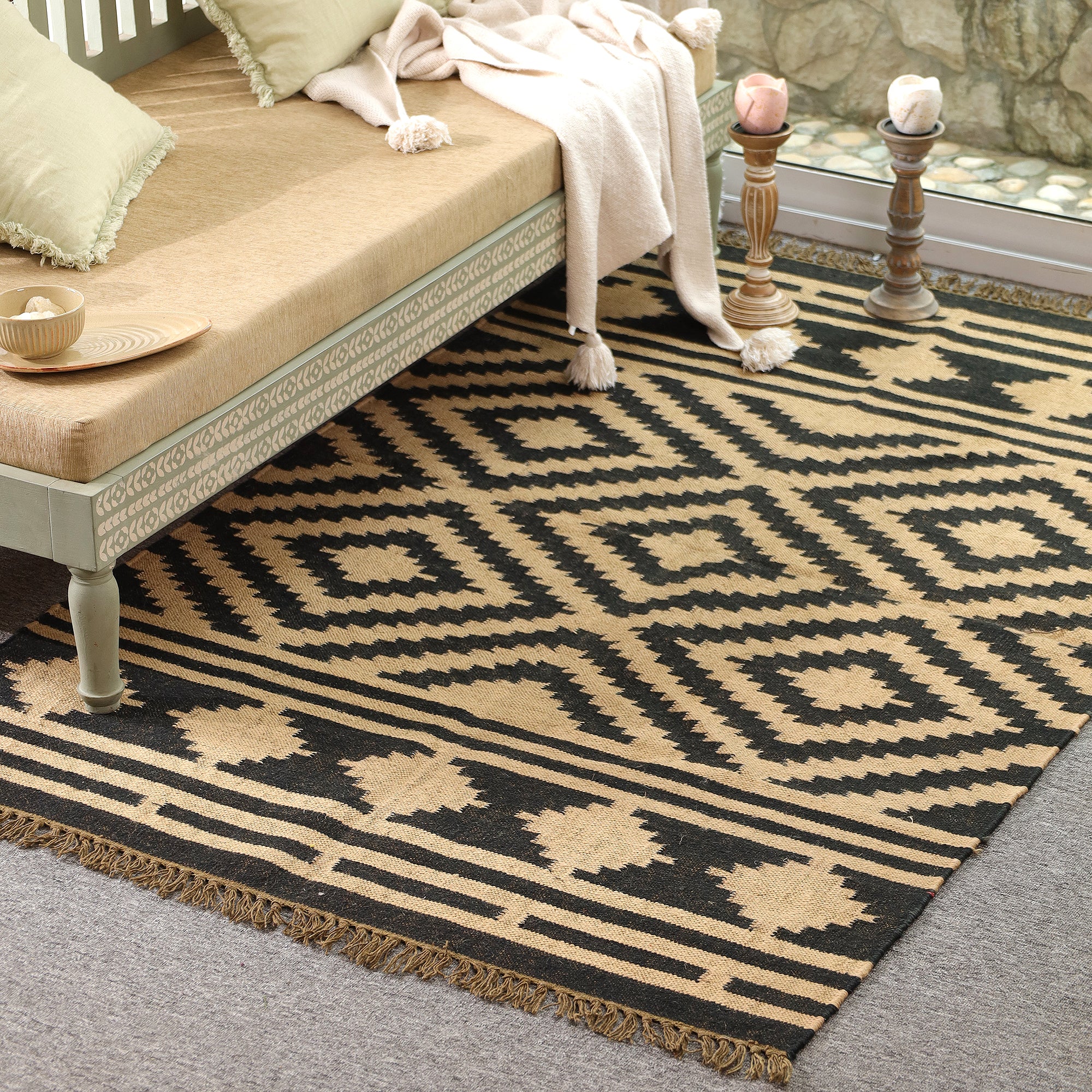 Black & Beige Tribal Geometric Area Rug | Boho Woven Living Room Carpet